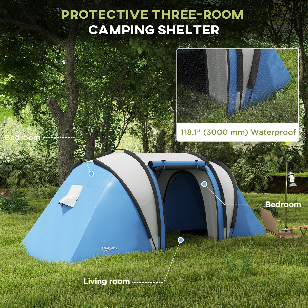 Camping Tent with 2 Bedrooms and Living Area, 3000mm Waterproof Family Tent, for Fishing Hiking Festival, Grey