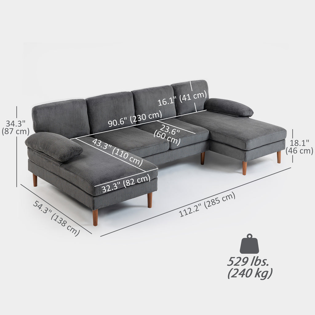 U Shape Couch with Double Chaise Lounge, Modern 4 Seater Sofa with Wooden Legs, Fabric Sofa for Living Room, Dark Grey