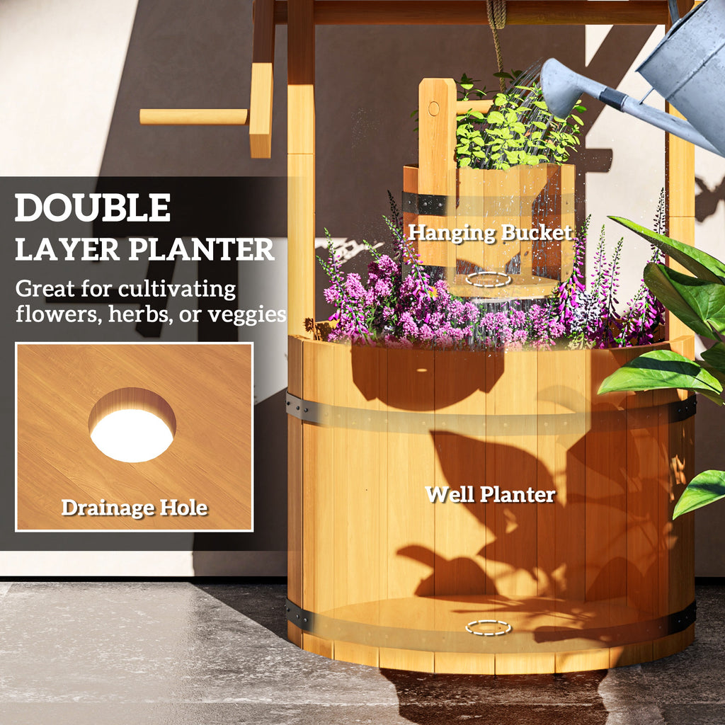 Wood Wishing Well Outdoor Wooden Planter with Hanging Bucket and Drainage Hole for Garden, Patio, Backyard, Orange