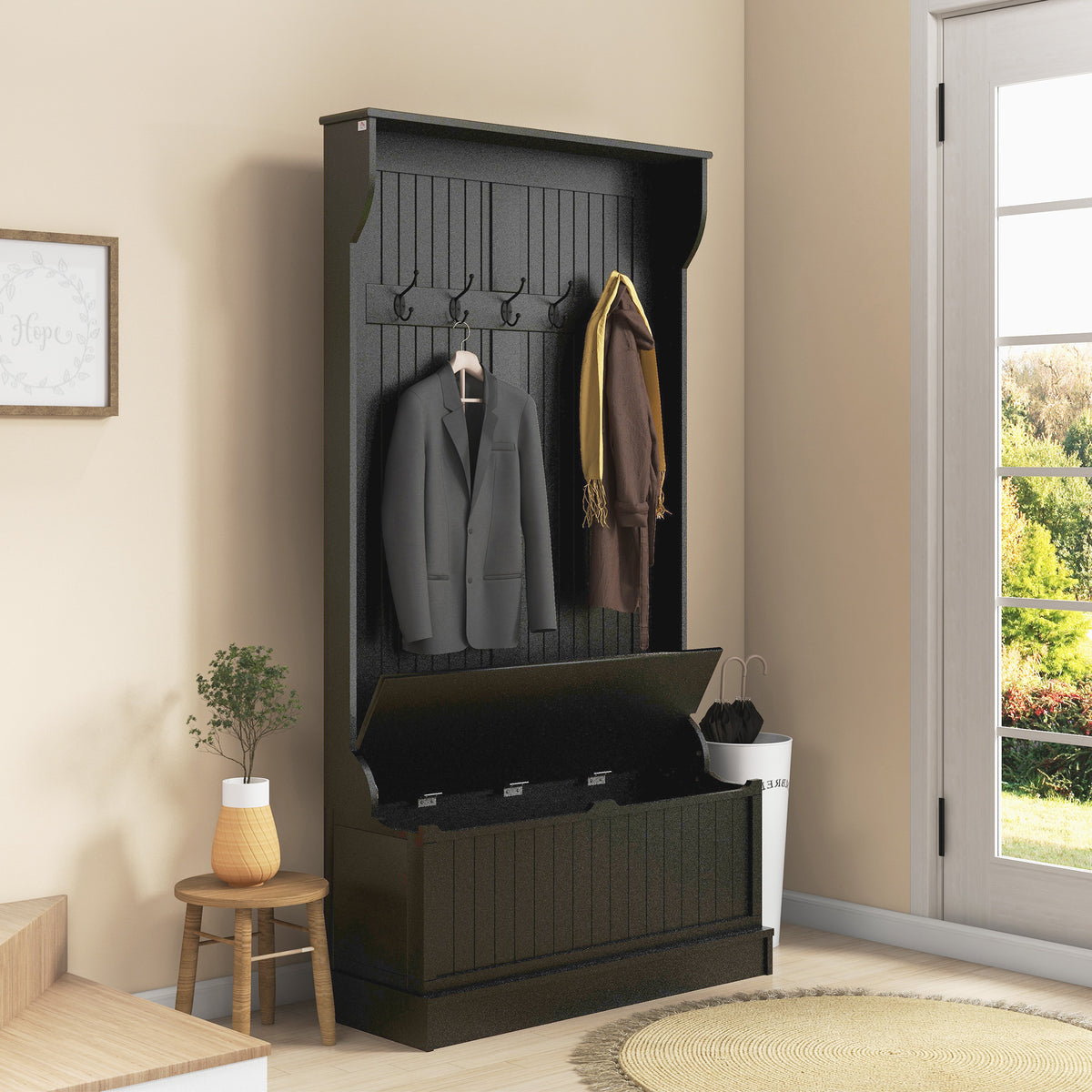 4-In-1 Hall Tree with Coat Rack, Top Shelf, Shoe Storage and Bench Seat, Entryway Bench with 4 Hooks