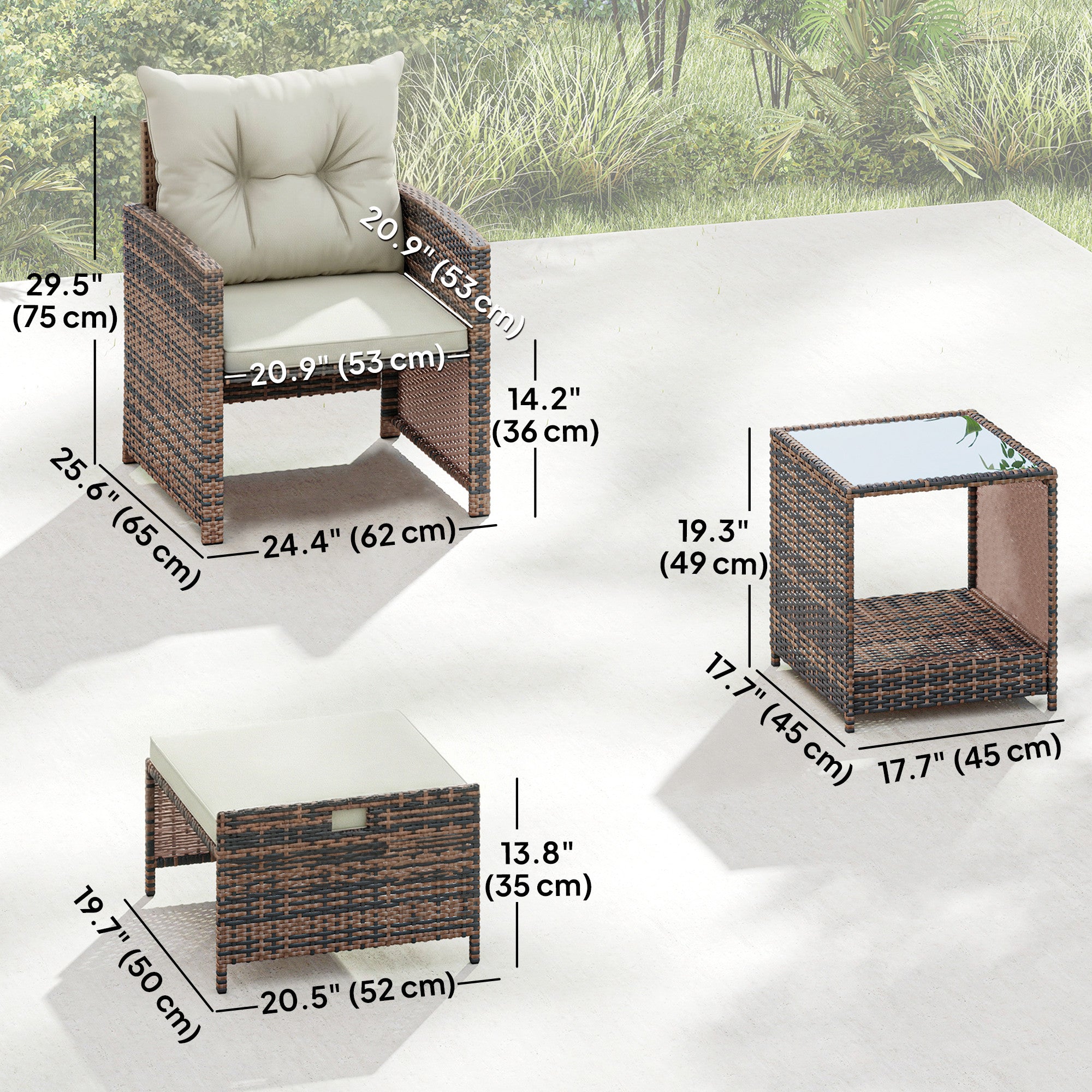 5 Piece Patio Furniture Set, Wicker Patio Chairs with Ottomans, 2-Tier Glass Coffee Table and Cushions, Brown/Cream