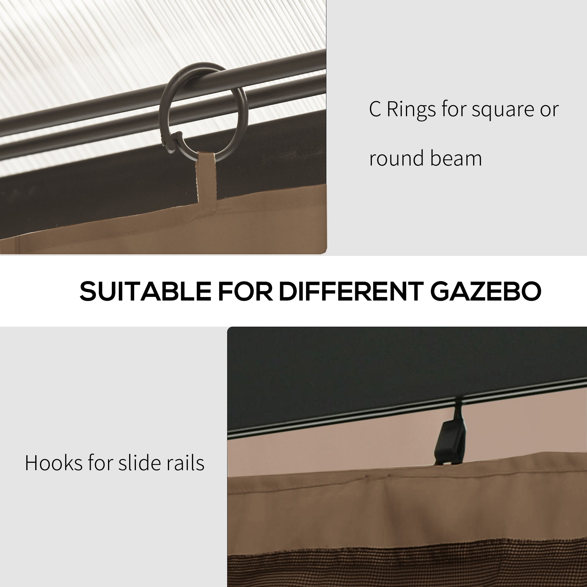 Gazebo Curtains, 10' x 12' Universal Replacement Privacy Curtain, 4-Panels Sidewall with Hooks/C-Rings, Brown