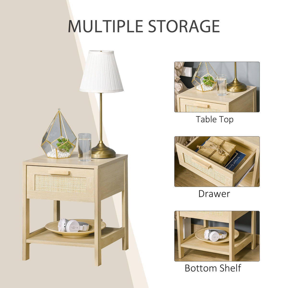 Narrow Nightstand with Rattan Elements, Bedside Table with Drawer and Storage Shelf for Bedroom, Natural