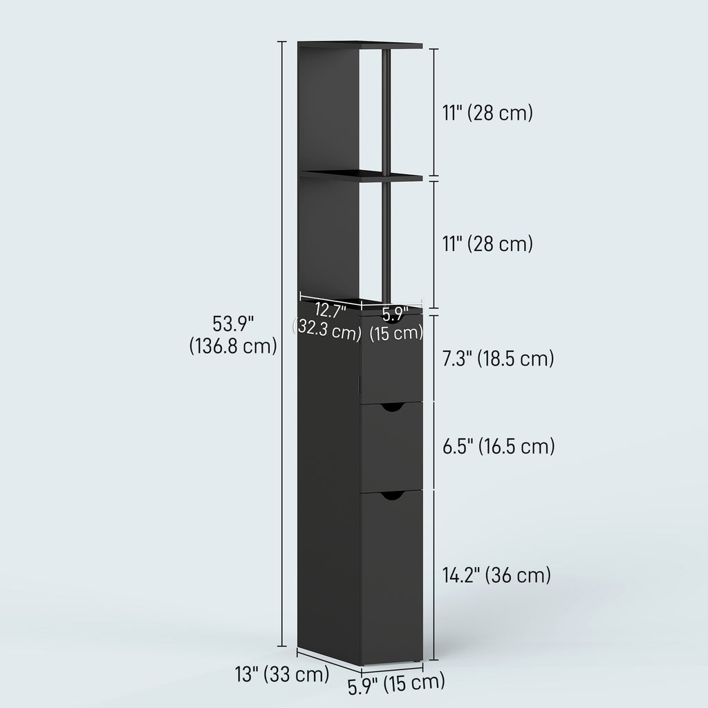 Tall Bathroom Storage Cabinet, Narrow Bathroom Cabinet with Drawers and Open Shelves for Small Spaces, Brown