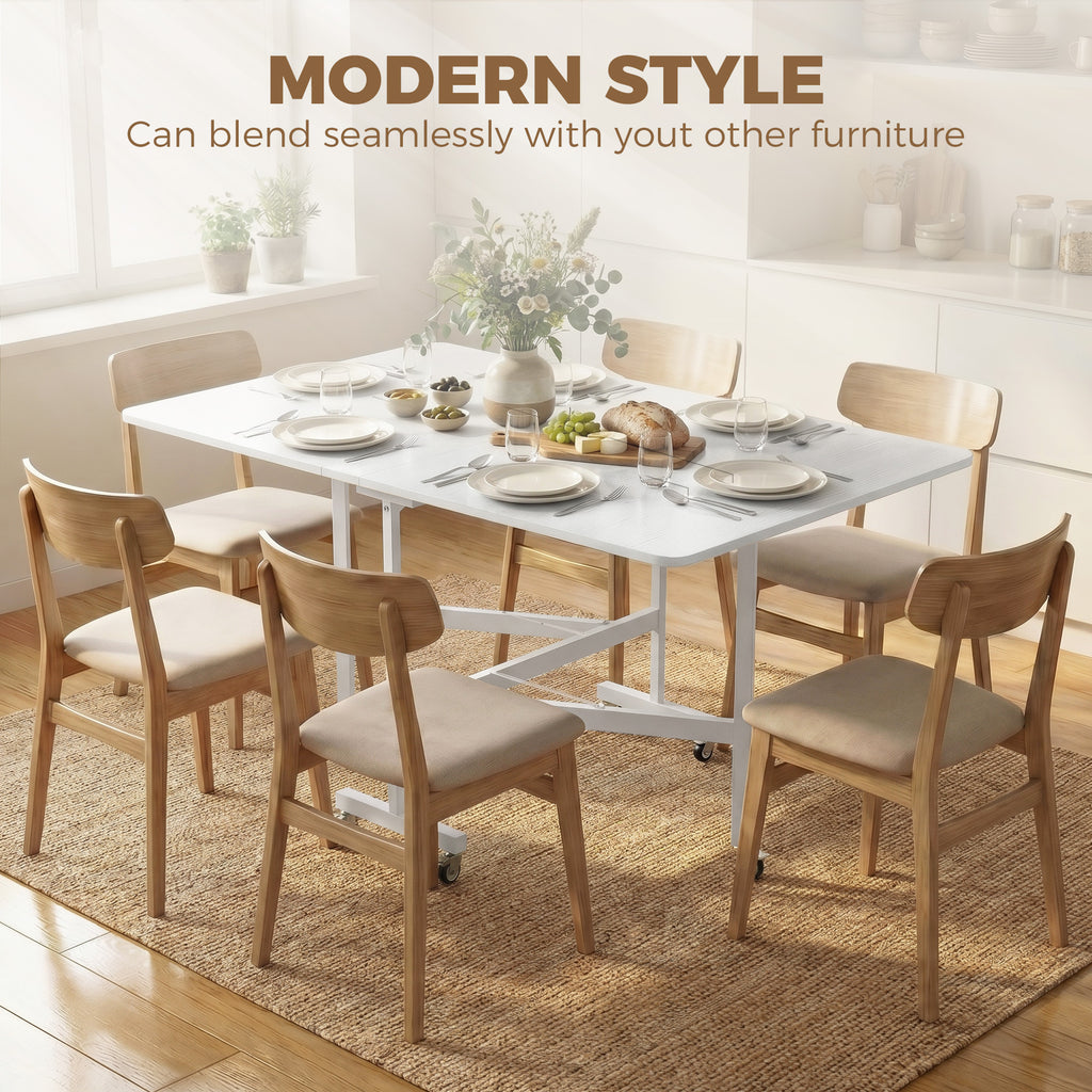 Six-Seater Drop-Leaf Dining Table with Wheels, White