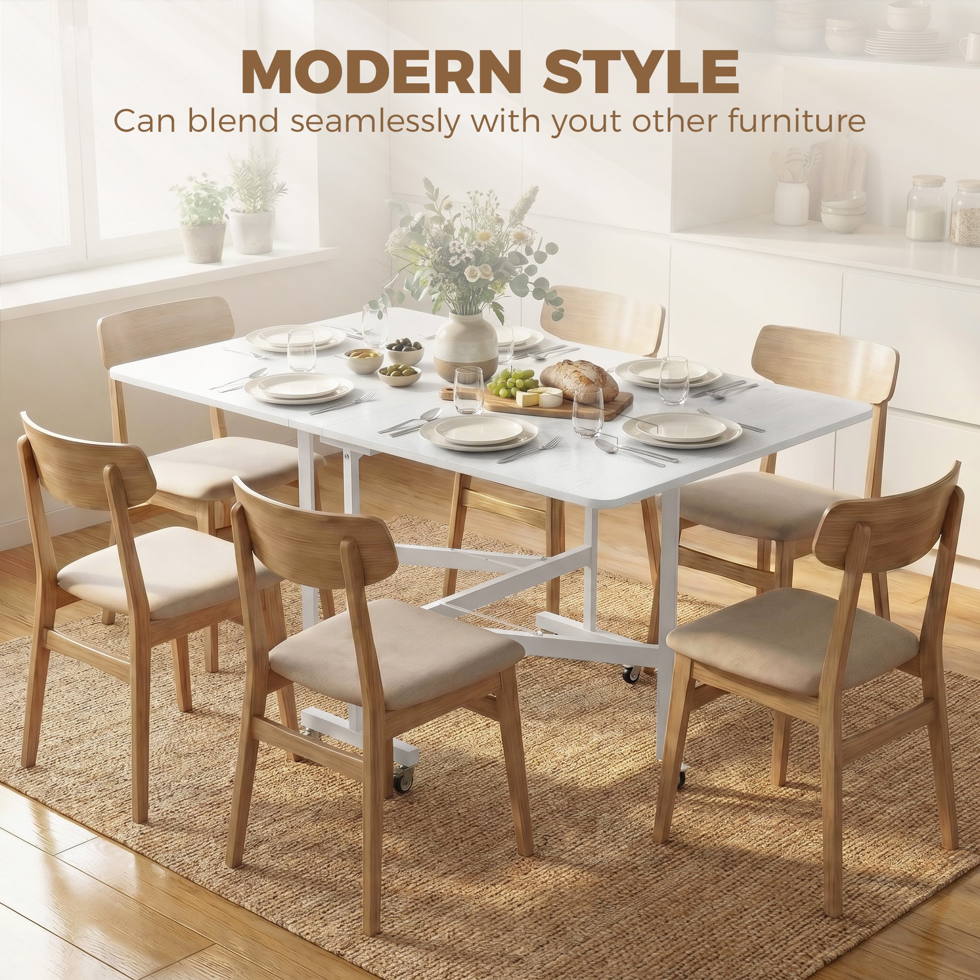 Six-Seater Drop-Leaf Dining Table with Wheels, White