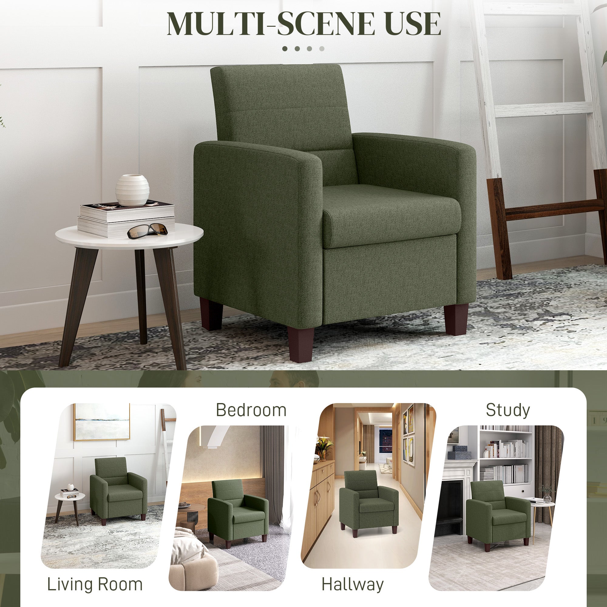 Fabric Accent Chair, Modern Armchair with Seat Cushion and Non-Slip Pads for Living Room, Bedroom, Dark Green