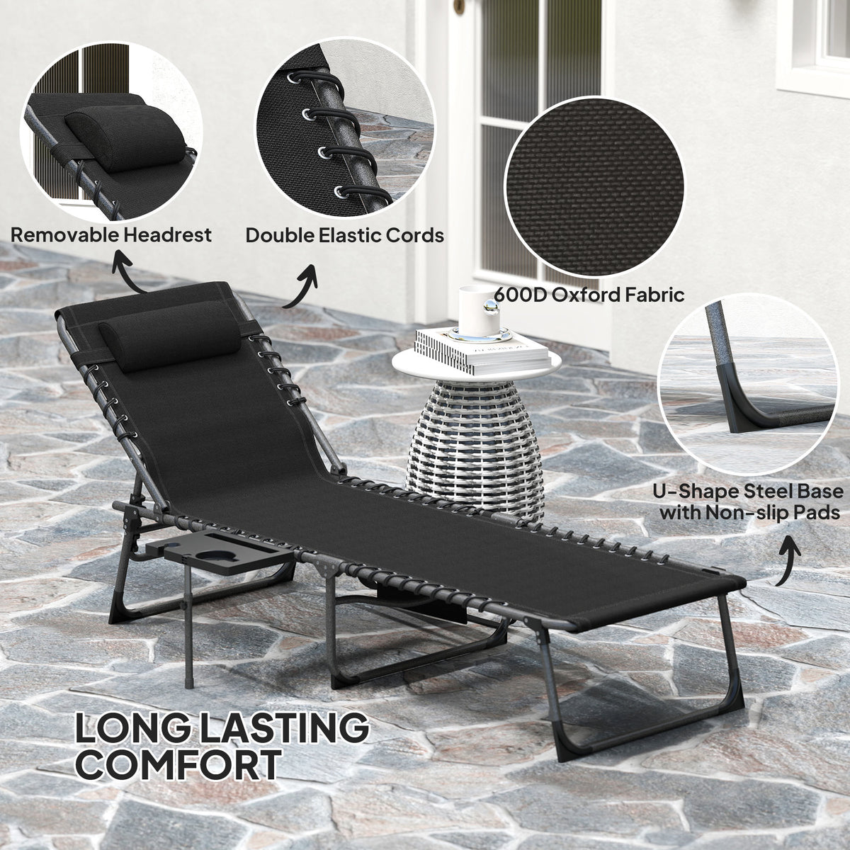 Folding Lounge Chair, Outdoor Chaise Lounge Tanning Chair with Adjustable Back, Side Table, Headrest, Red