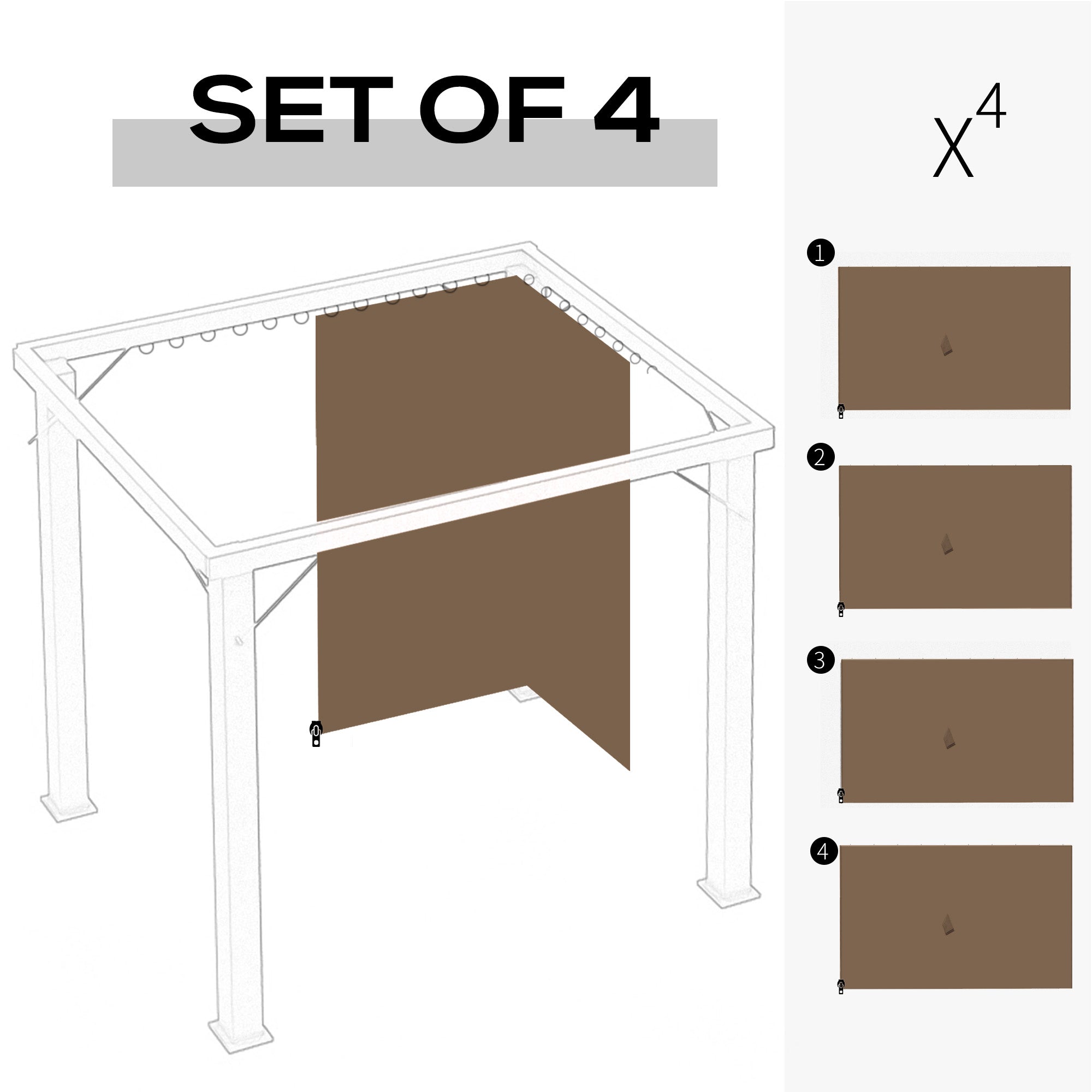 Gazebo Curtains, 10' x 12' Universal Replacement Privacy Curtain, 4-Panels Sidewall with Hooks/C-Rings, Brown
