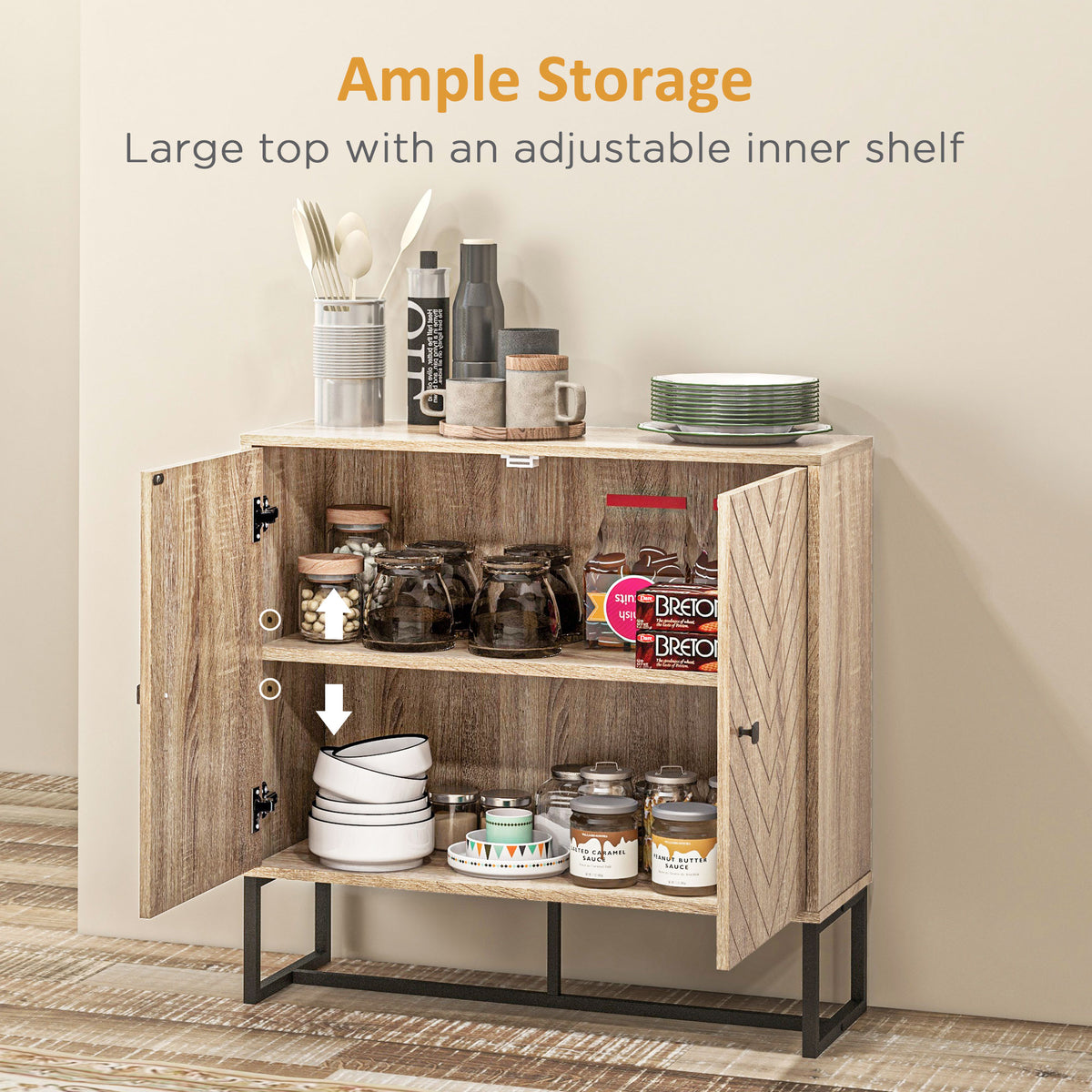 Modern Sideboard, Buffet Cabinet with 2 Chevron Doors and Adjustable Shelf, Kitchen Storage Cabinet with Steel Base, Coffee Bar Cabinet, 31.5" H, Oak