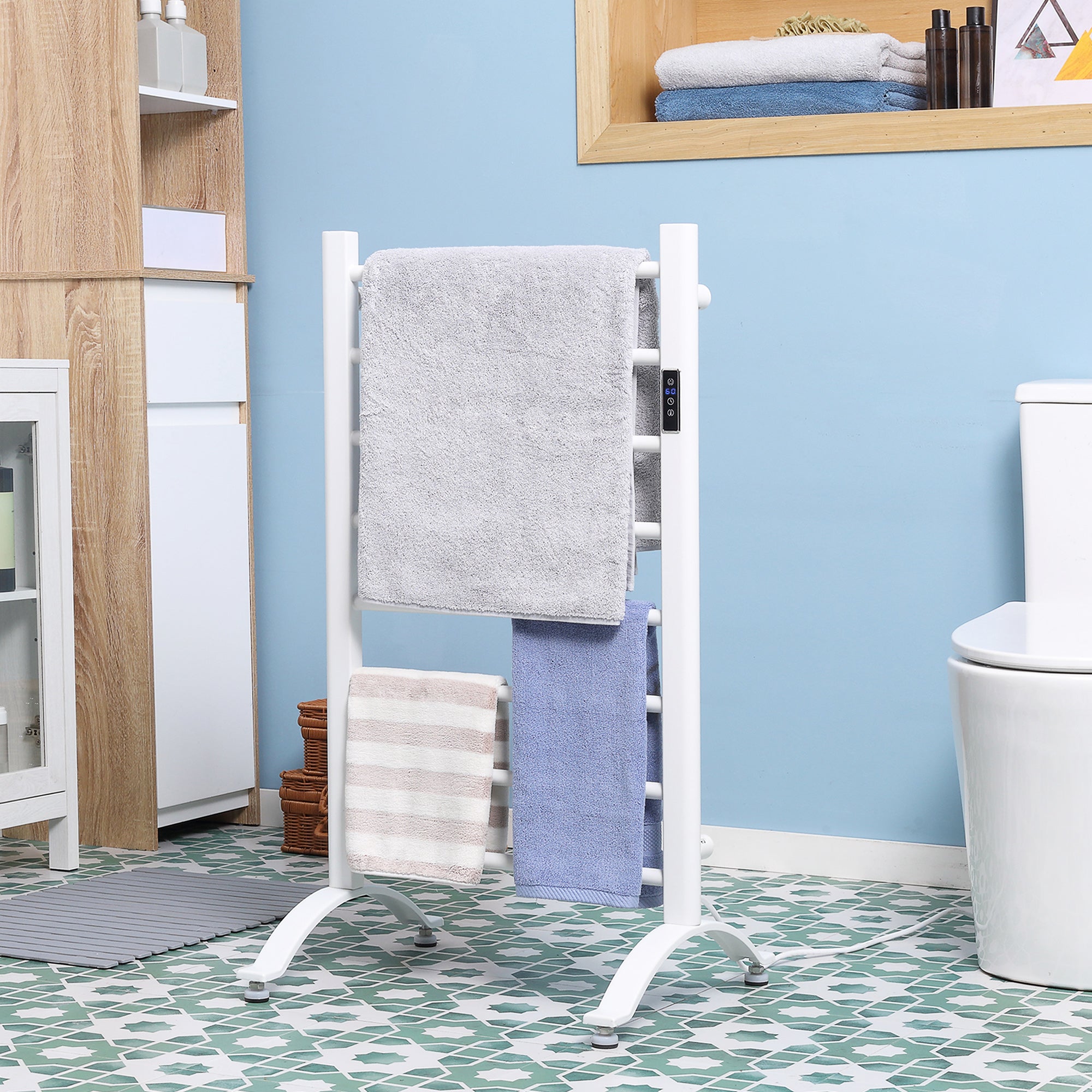 8-Bar Heated Towel Warmer Rack with Built-in Timer and LED Indicators, Wall Mounted & Free Standing Carbon Steel Electric Towel Bar with Adjustable Temperature, White