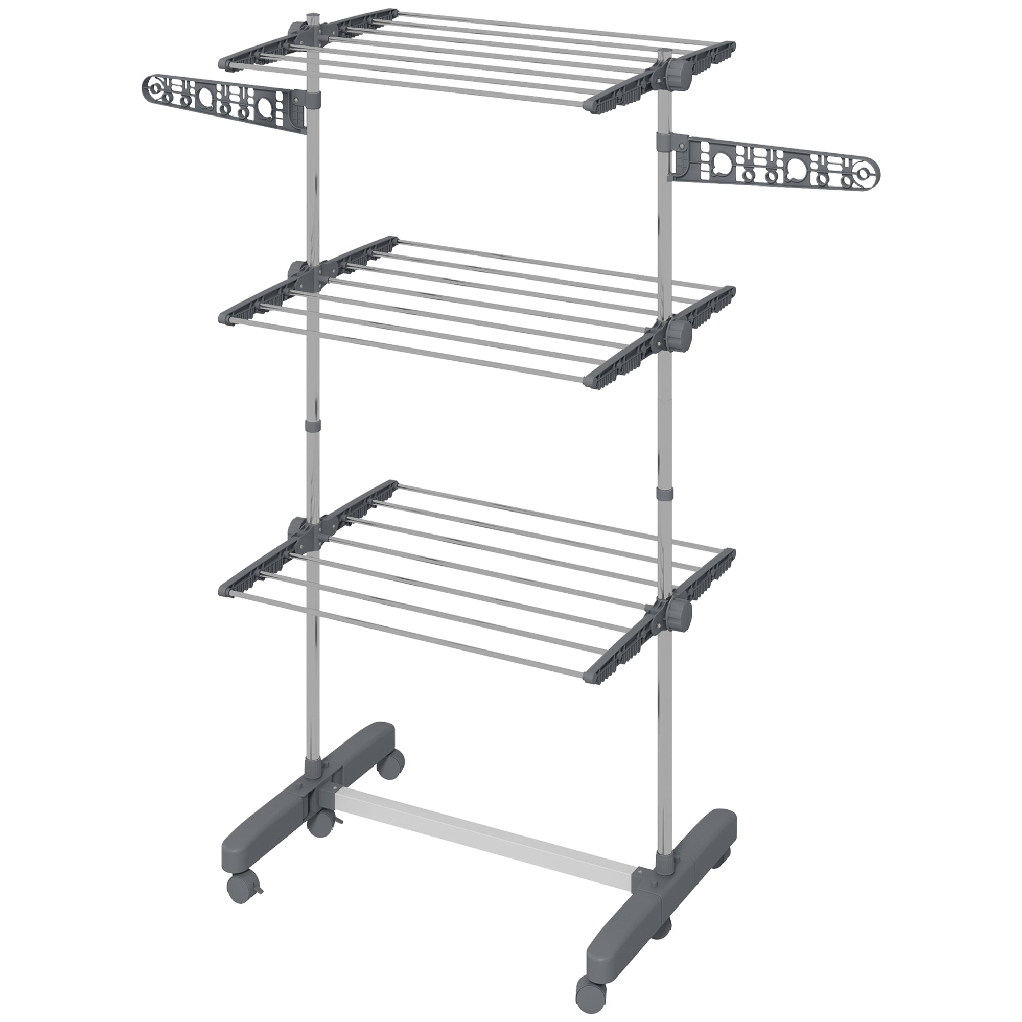 3-Tier Foldable Clothes Drying Rack, Stainless Steel Laundry Rack with 2 Side Wings and 6 Castors, Collapsible Adjustable Clothes Airer for Indoor Outdoor, White