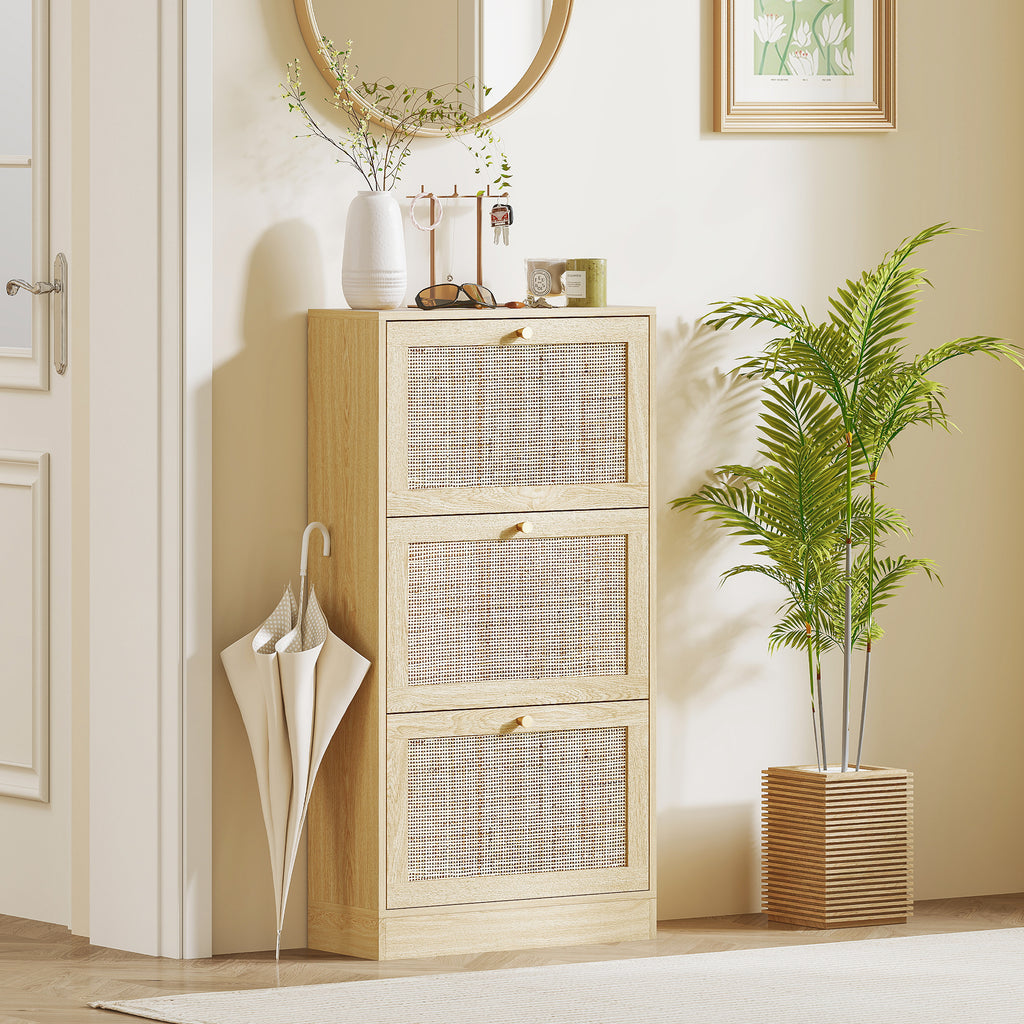 Rattan Shoe Storage Cabinet with 3 Flip Drawers and Adjustable Shelves, Entryway Shoe Cabinet for 18 Pairs, Black