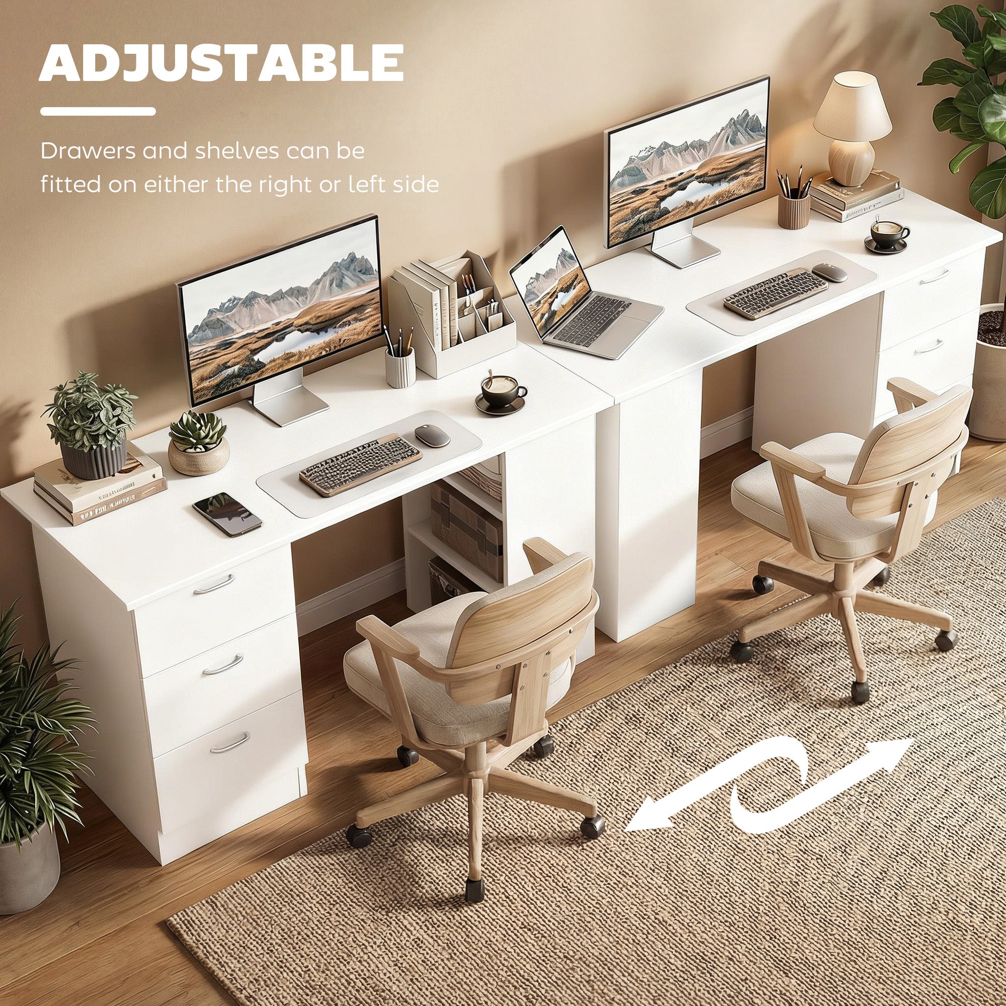 Computer Desk, 47" Writing Table with 3-Tier Shelves and 3 Reversible Drawers for Home Office, Bedroom, White