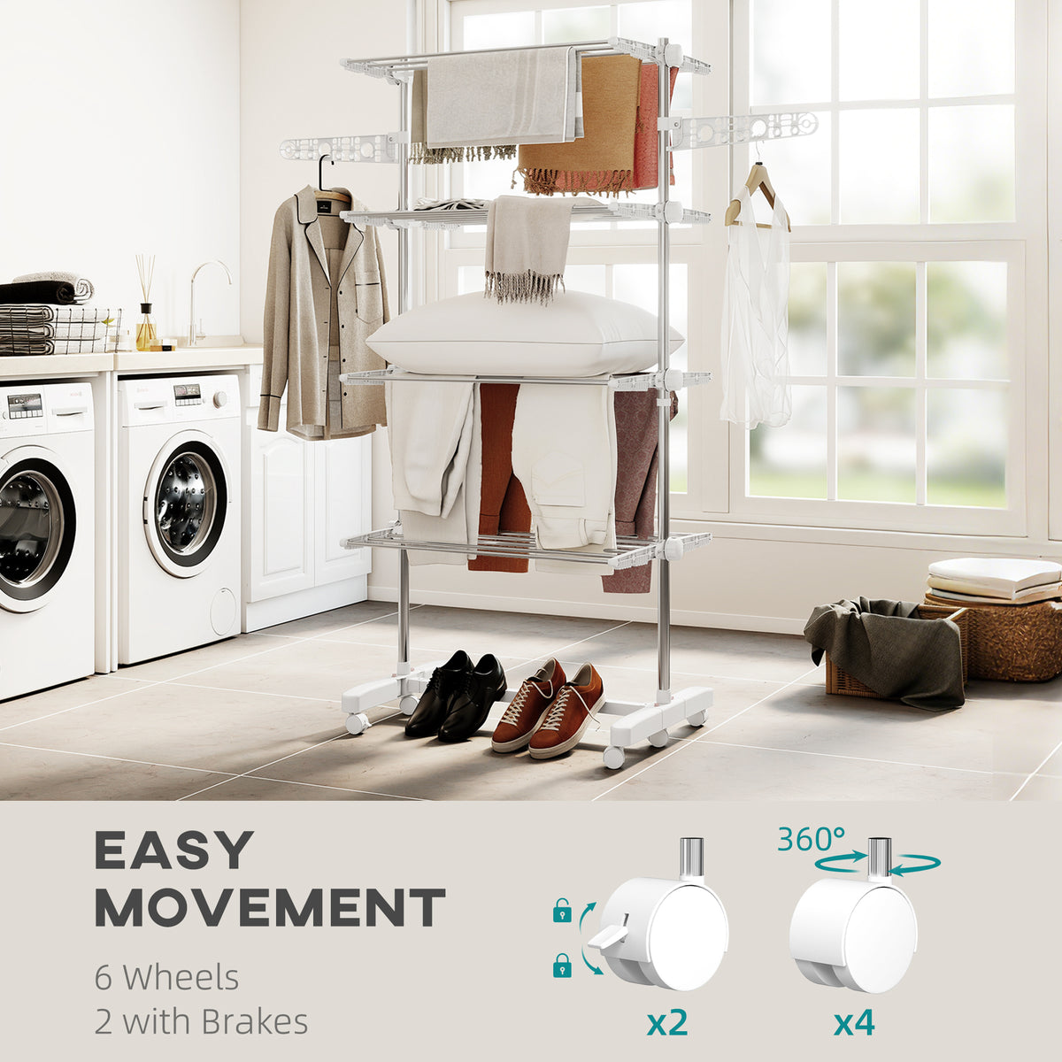 Garment Drying Rack Stainless Steel Folding Clothes Hanging Rack with Side Wings Castors for Indoor Outdoor White