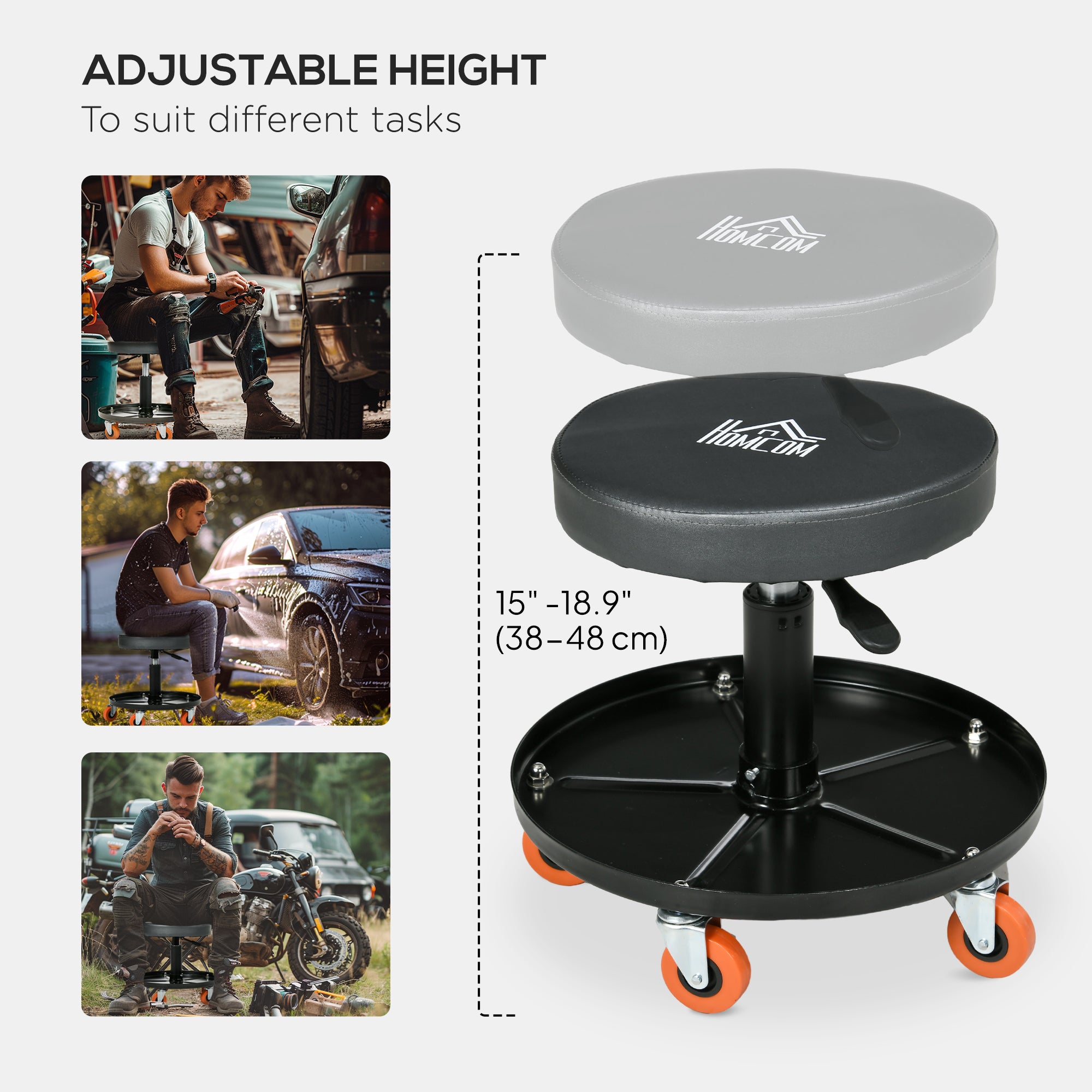Shop Stool, Pneumatic Adjustable Mechanic Stool, with Tool Tray, Wheels - Black