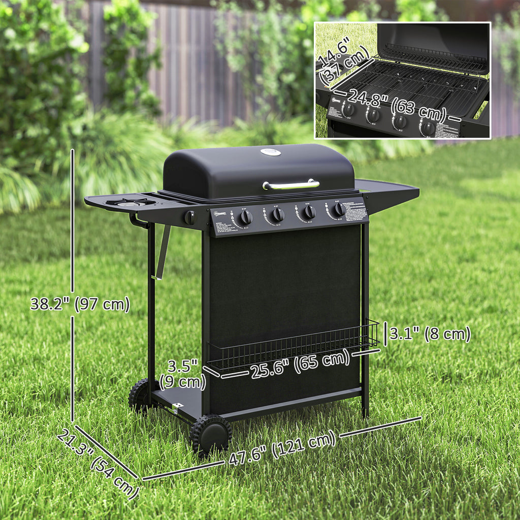 3+1 Burner Propane Gas BBQ Grill, Portable Gas Barbecue Grill with Side Burner, Thermometer, Lid, Side Table, Shelf, Spice Rack, Wheels, Grease Cup for Garden, Black