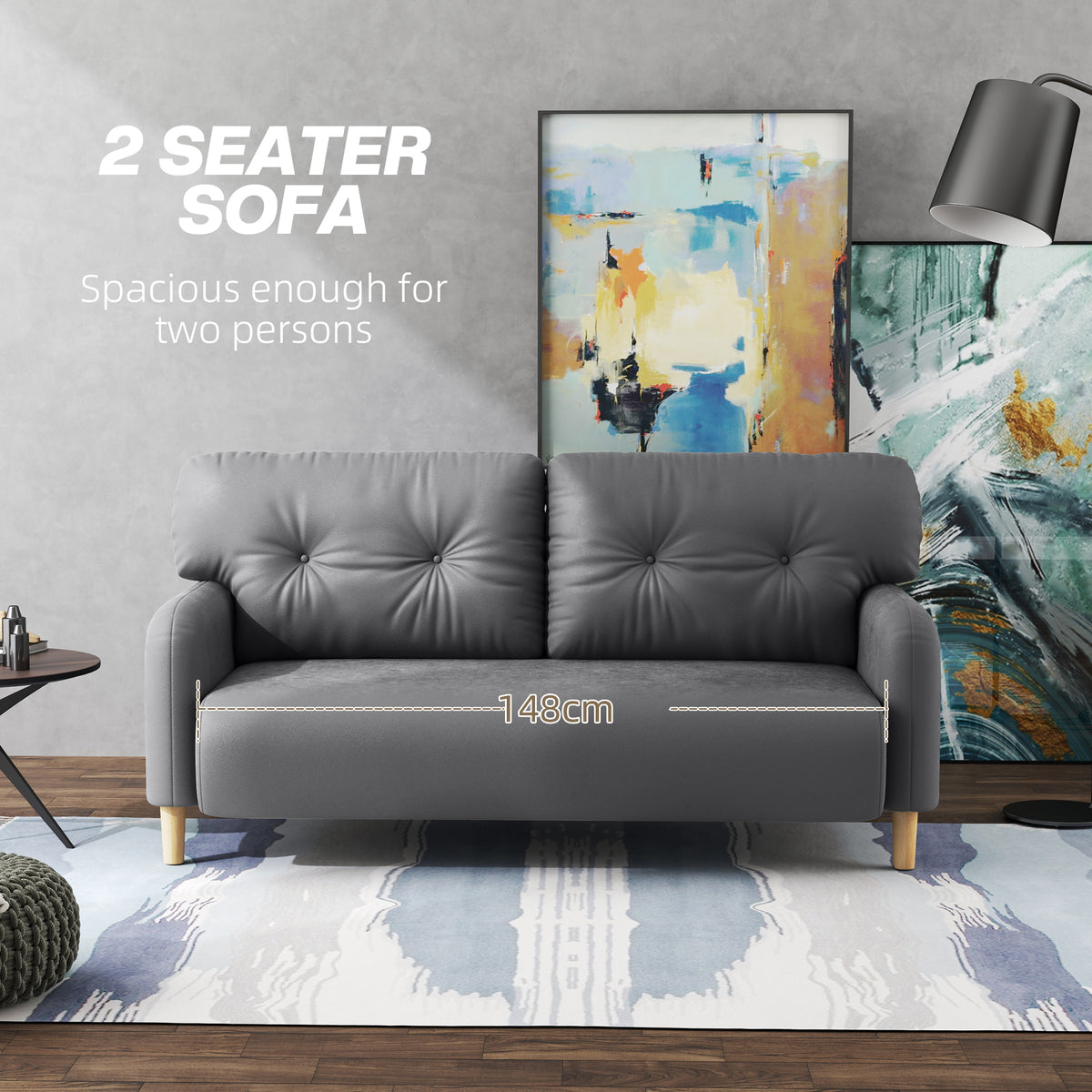 58" 2 Seat Sofa, Modern Love Seats Furniture, Upholstered 2 Seater Couch, Solid Wood Frame, Grey