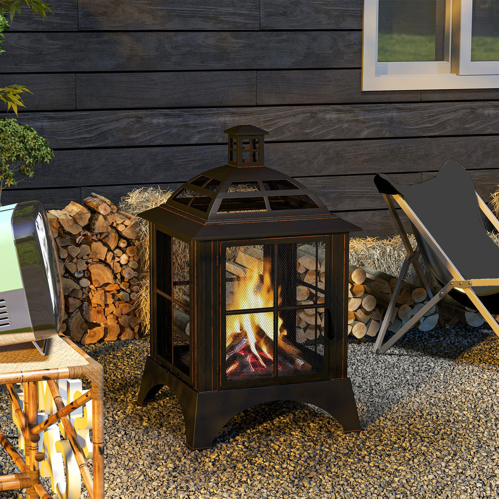 Wood-Burning Fire Pit, Chimney Style Firepit with Poker, 26" x 26", Black