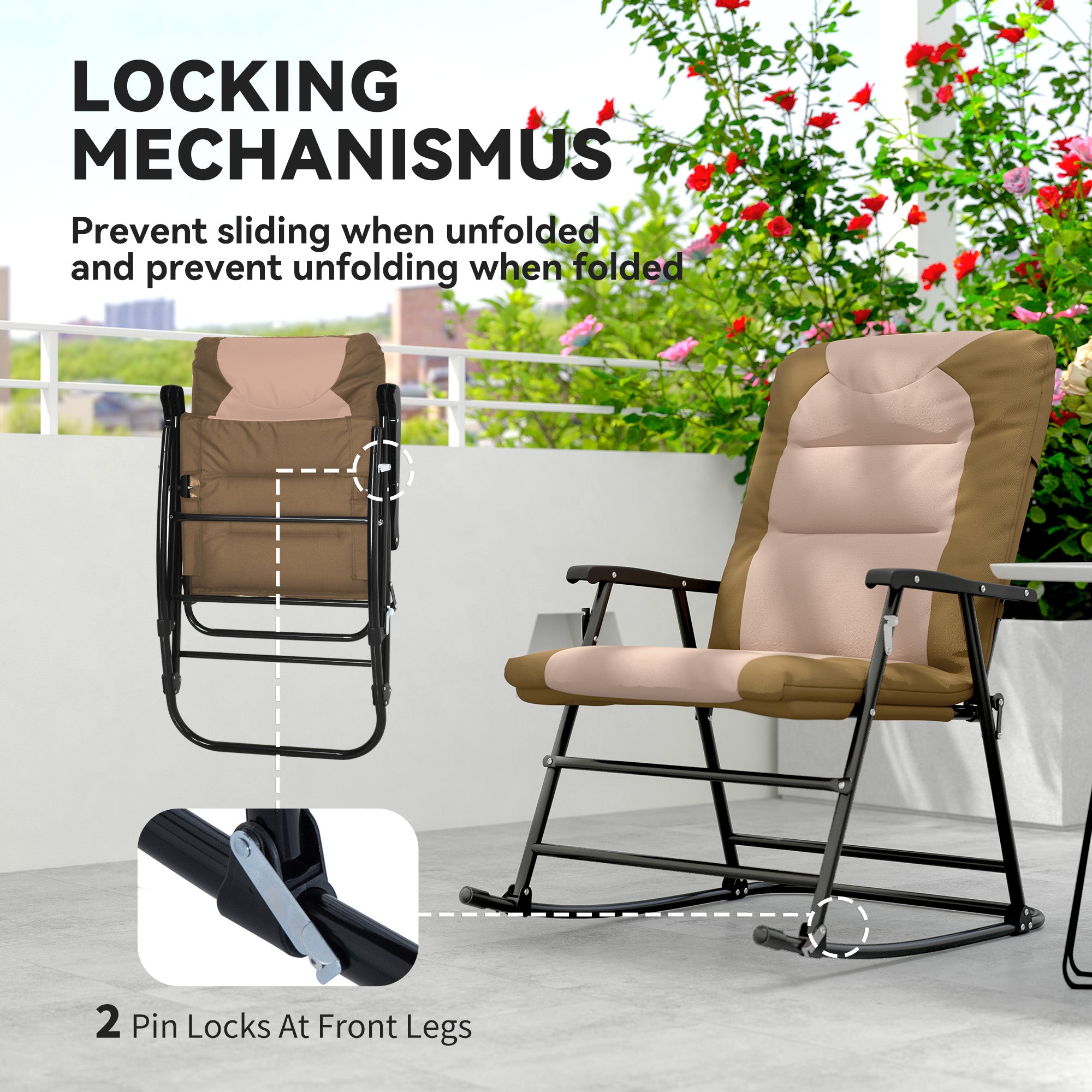 Folding Rocking Chair Set of 2 Padded Rockers with Armrest, Light Grey
