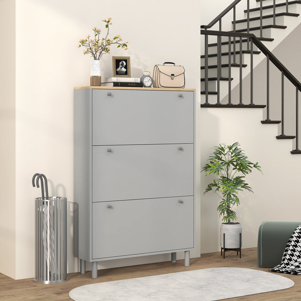 Entryway Shoe Storage Small Modern Flip-Flop Shoe Cabinet with 3 Flip Drawers Adjustable Shelves for 24 Pairs of Shoes, Grey