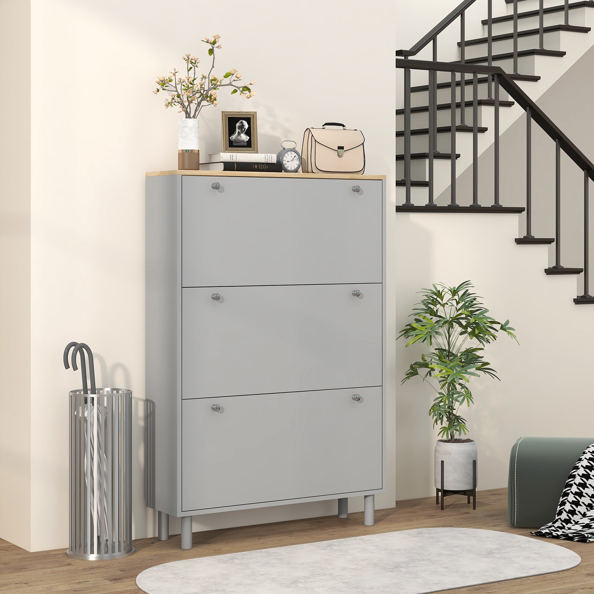 Entryway Shoe Storage Small Modern Flip-Flop Shoe Cabinet with 3 Flip Drawers Adjustable Shelves for 24 Pairs of Shoes, Grey