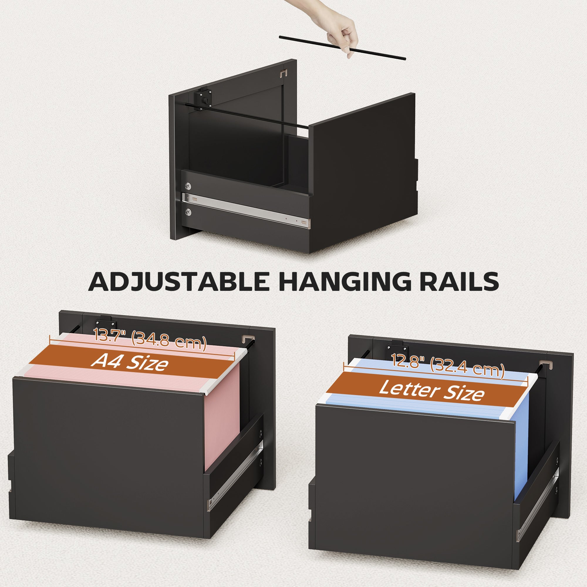3 Drawer File Cabinet with Lock, Vertical Filing Cabinet with Adjustable Hanging Bars for A4 and Letter Size, Black