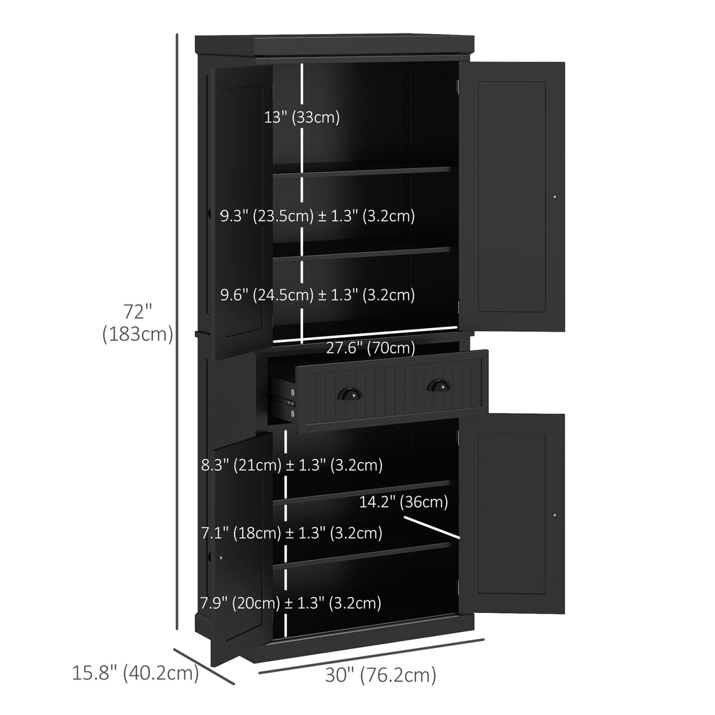 72" Kitchen Pantry, Freestanding Storage Cabinet with Drawer, Doors, Black
