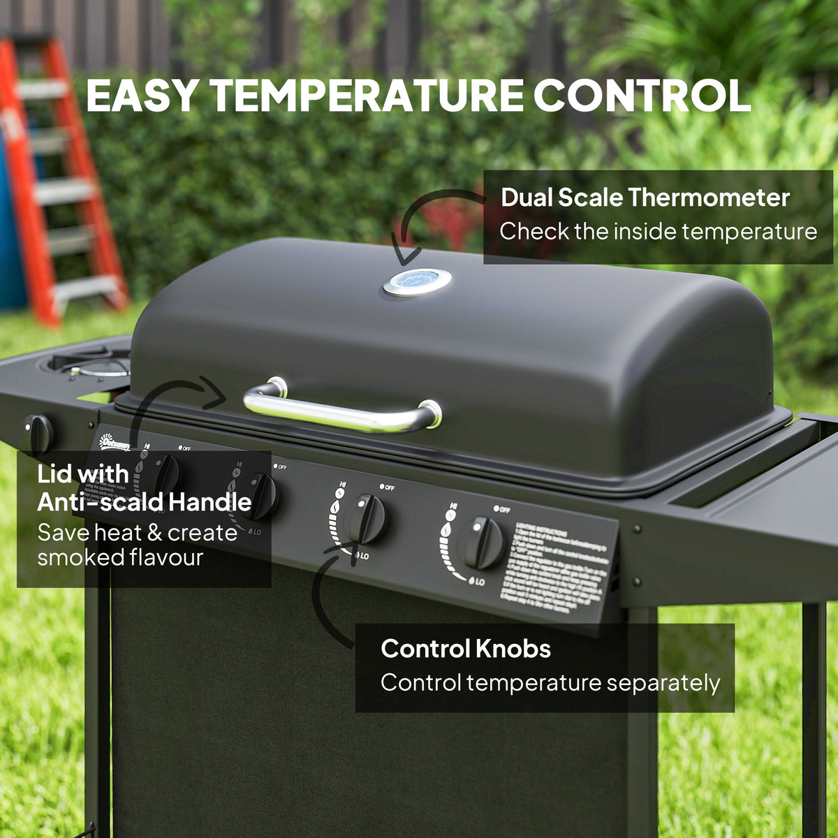 3+1 Burner Propane Gas BBQ Grill, Portable Gas Barbecue Grill with Side Burner, Thermometer, Lid, Side Table, Shelf, Spice Rack, Wheels, Grease Cup for Garden, Black