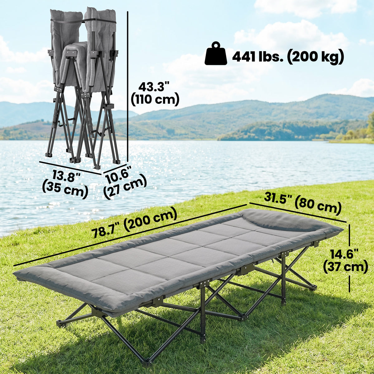 Camping Cot for Adults with Padded Cushion, 31.5" Wide Folding Bed with Carry Bag and Non-Slip Feet, Black