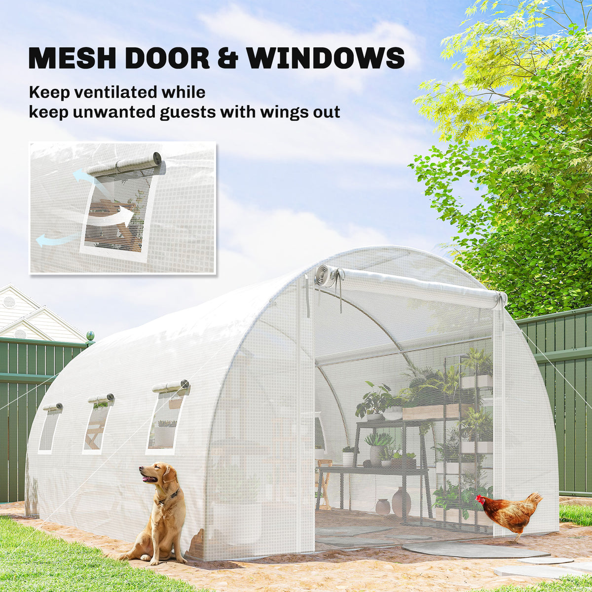 Walk-in Tunnel Greenhouse, Plant Hot House w/ Support Rods, Roll-up Mesh Door, Mesh Windows, 13'x9.8'x6.6', Green