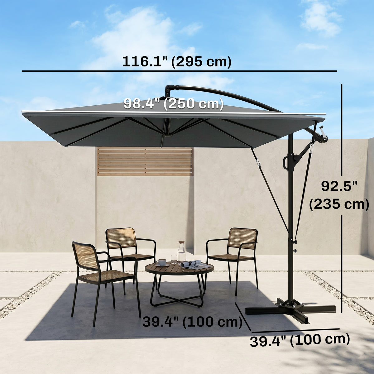 Patio Offset Umbrella UPF 50+ UV Protection, Crank Parasol with Base, Cover & Wind Securing, Khaki