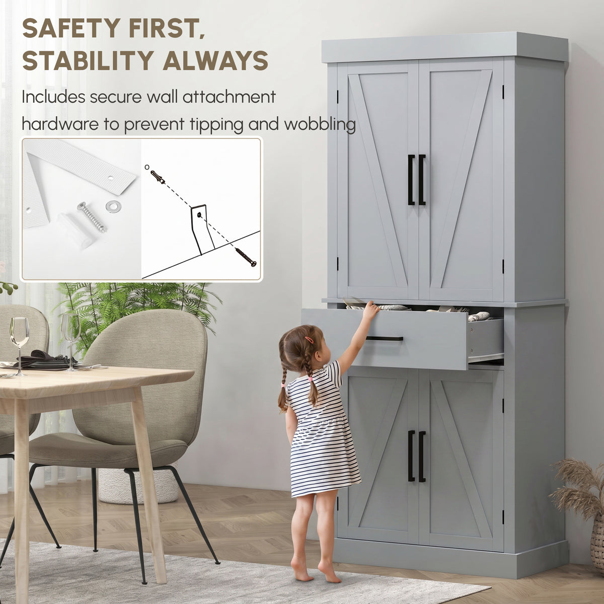 72" Farmhouse Kitchen Cabinet, Kitchen Pantry Cabinet with 4 Barn Doors, Drawer, Adjustable Shelves, Grey