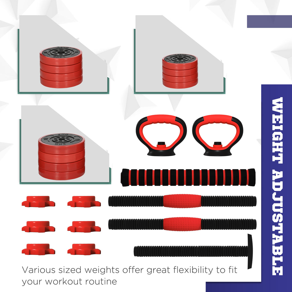 Soozier 66lbs 4-in-1 Adjustable Weight Dumbbell Set, Barbell, Kettlebell, Push Up Stand, Red