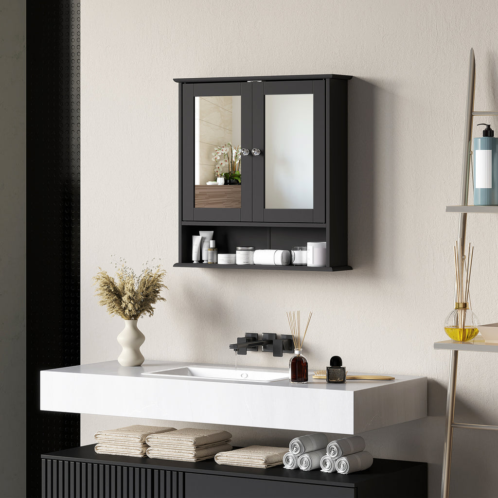Medicine Cabinet, Wall-Mounted Bathroom Mirror Cabinet with Double Doors, Open Shelf, and Adjustable Shelf, Modern Bathroom Wall Cabinet, White
