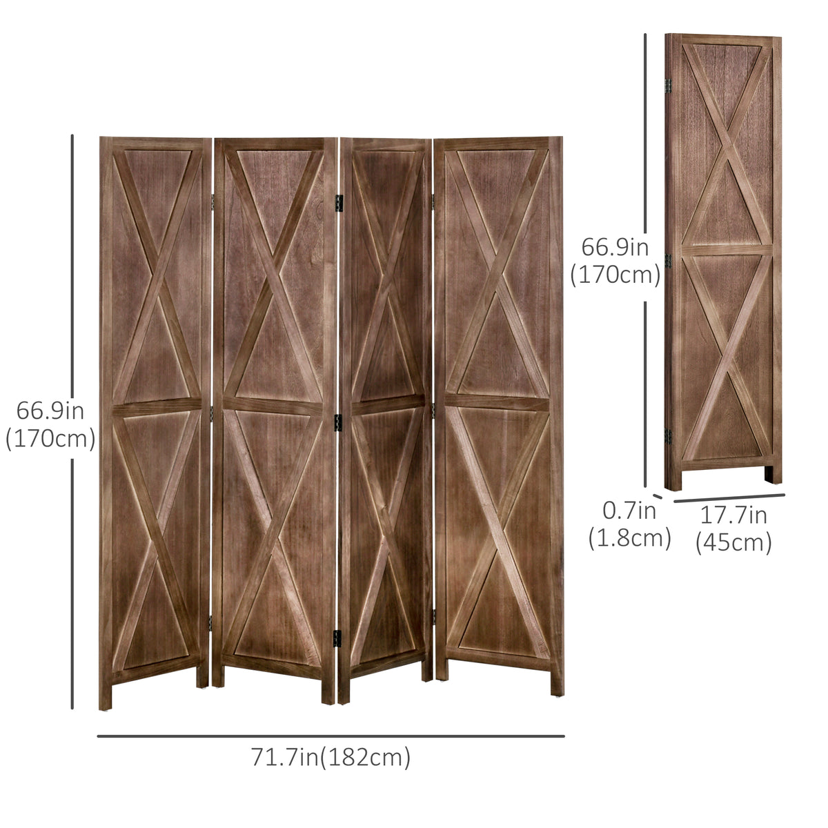 فاصل غرفة ريفي من 4 ألواح مع تصميم قابل للطي، إطار خشبي 5.6 قدم، بني