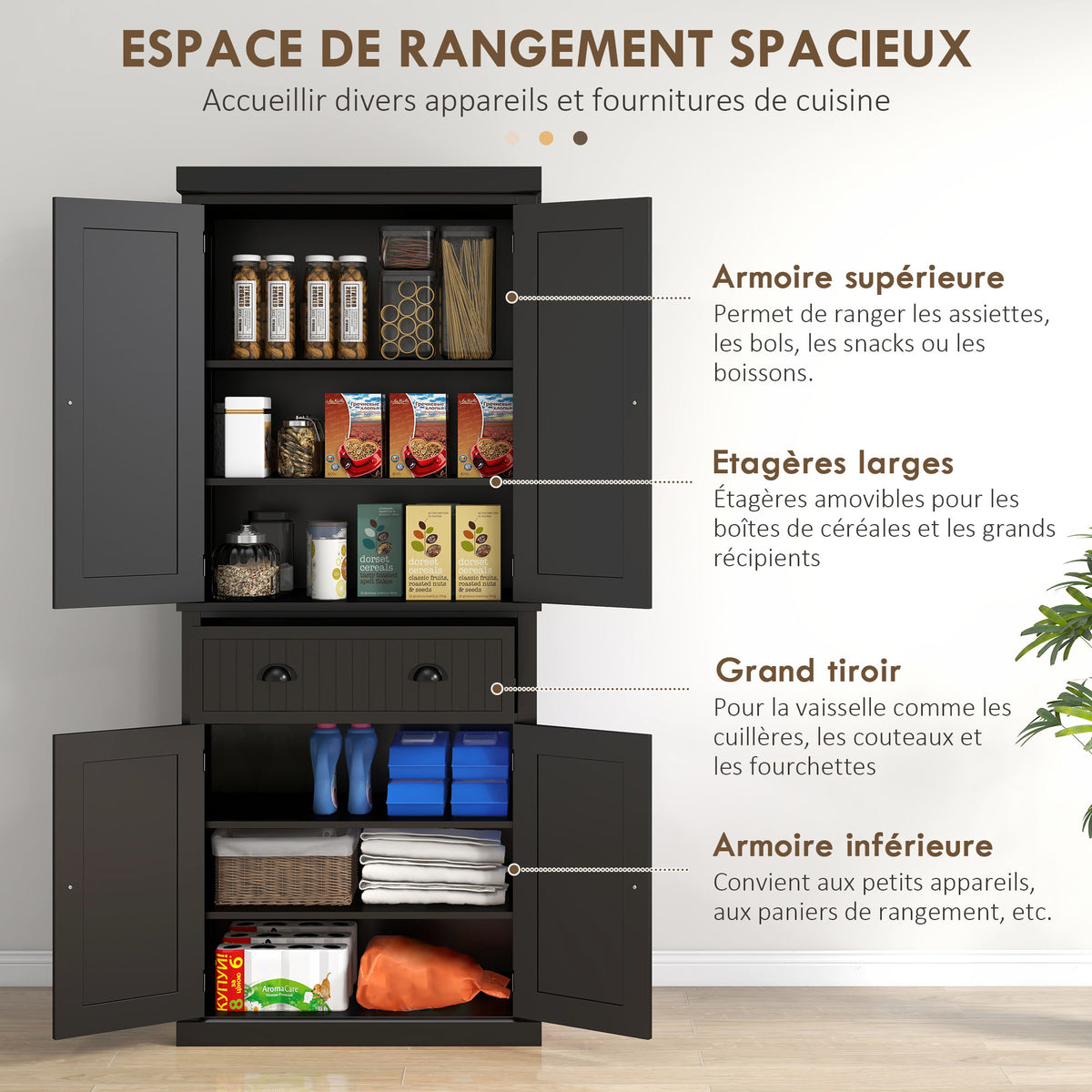 72" Kitchen Pantry, Freestanding Storage Cabinet with Drawer, Doors, Black