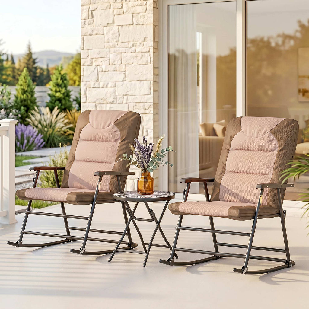 3-Piece Outdoor Foldable Rocking Chair Set, Light Brown