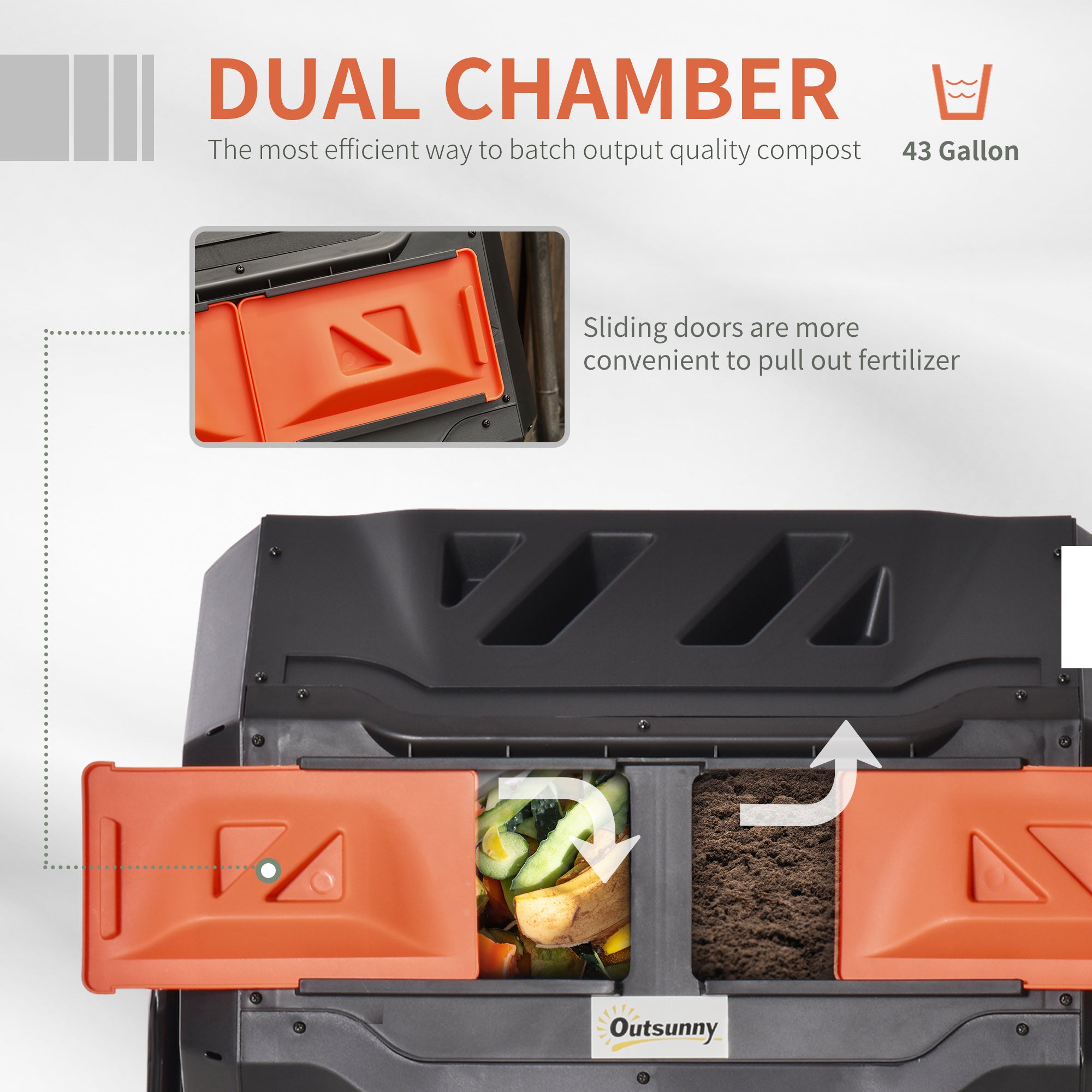 Tumbling Compost Bin Outdoor Dual Chamber 360° Rotating Composter 43 Gallon with Sliding Doors, Orange