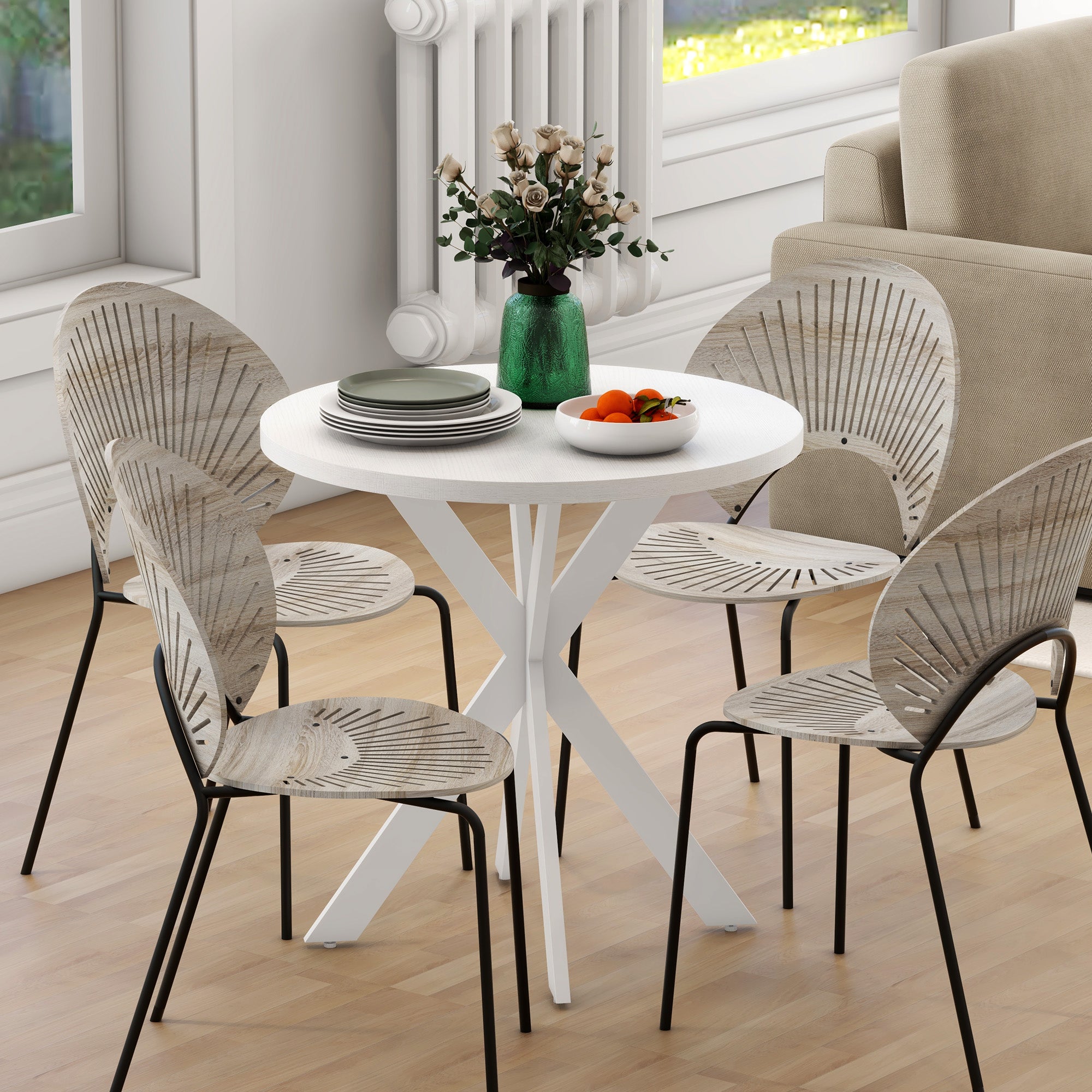 29" Dining Table, Contemporary Round Kitchen Table with Steel Legs, Brown