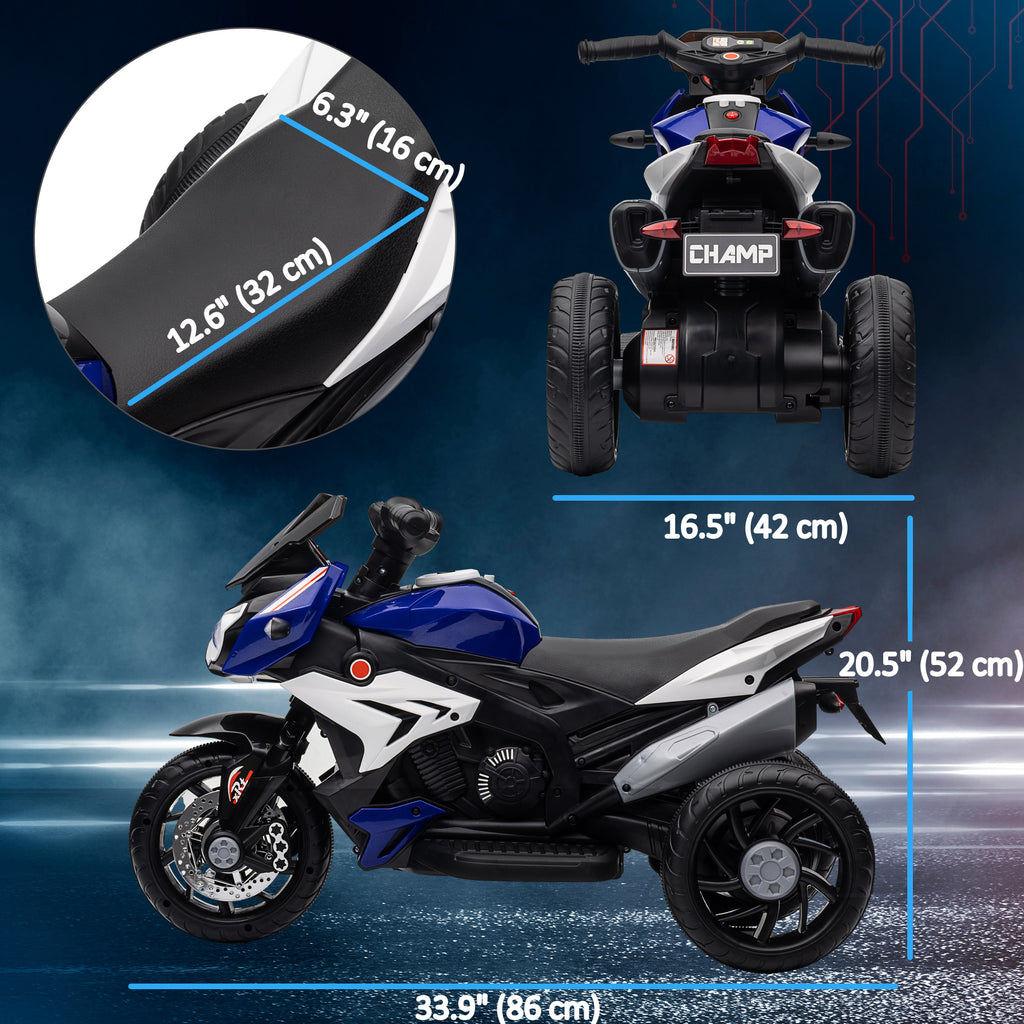 Qaba Kids Electric Motorcycle Ride-On Toy with 3 Wheels, Music, Horn, Lights, Blue