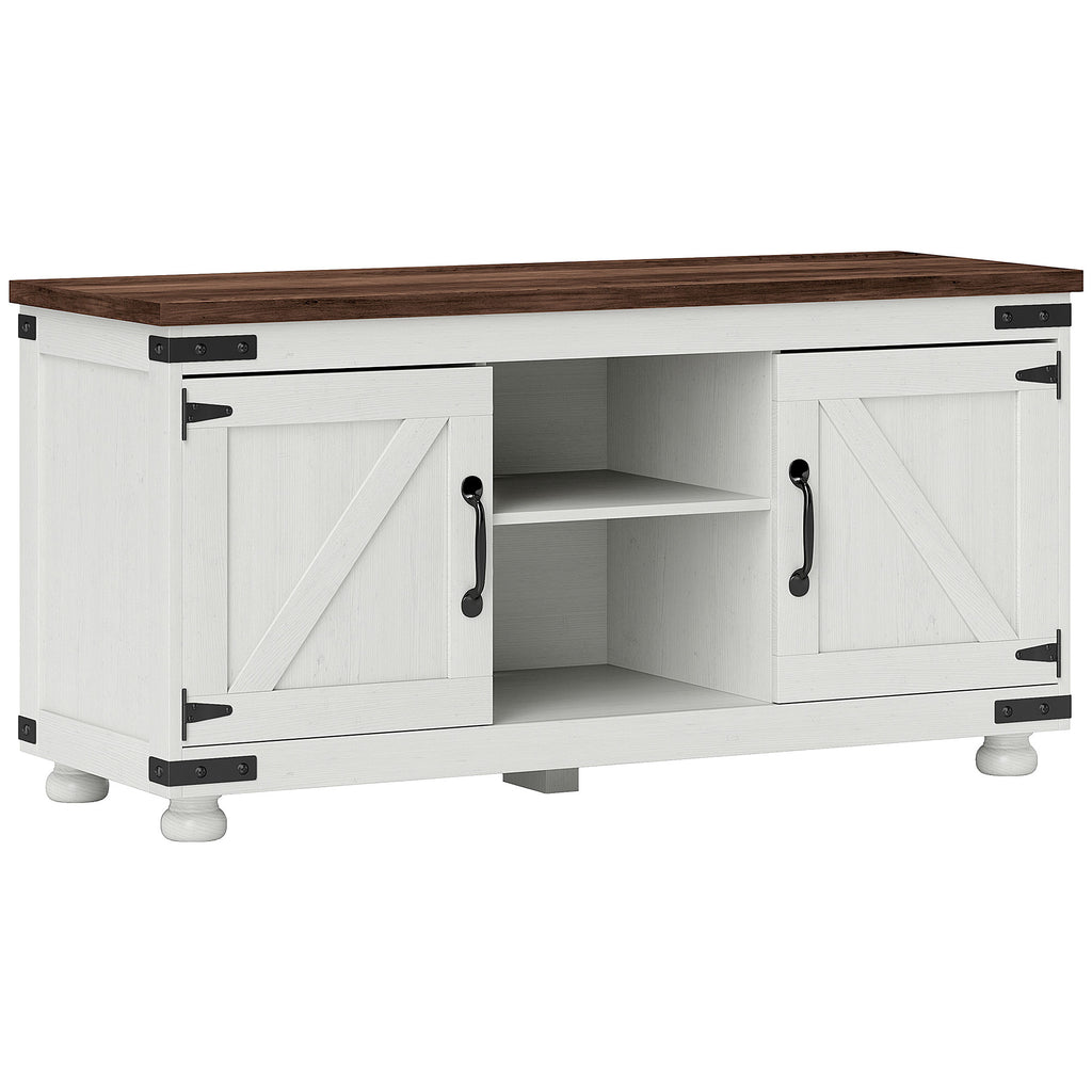 Farmhouse TV Stand for up to 50" TV, TV Cabinet with Barn Doors, Cable Management for Living Room, Distressed White