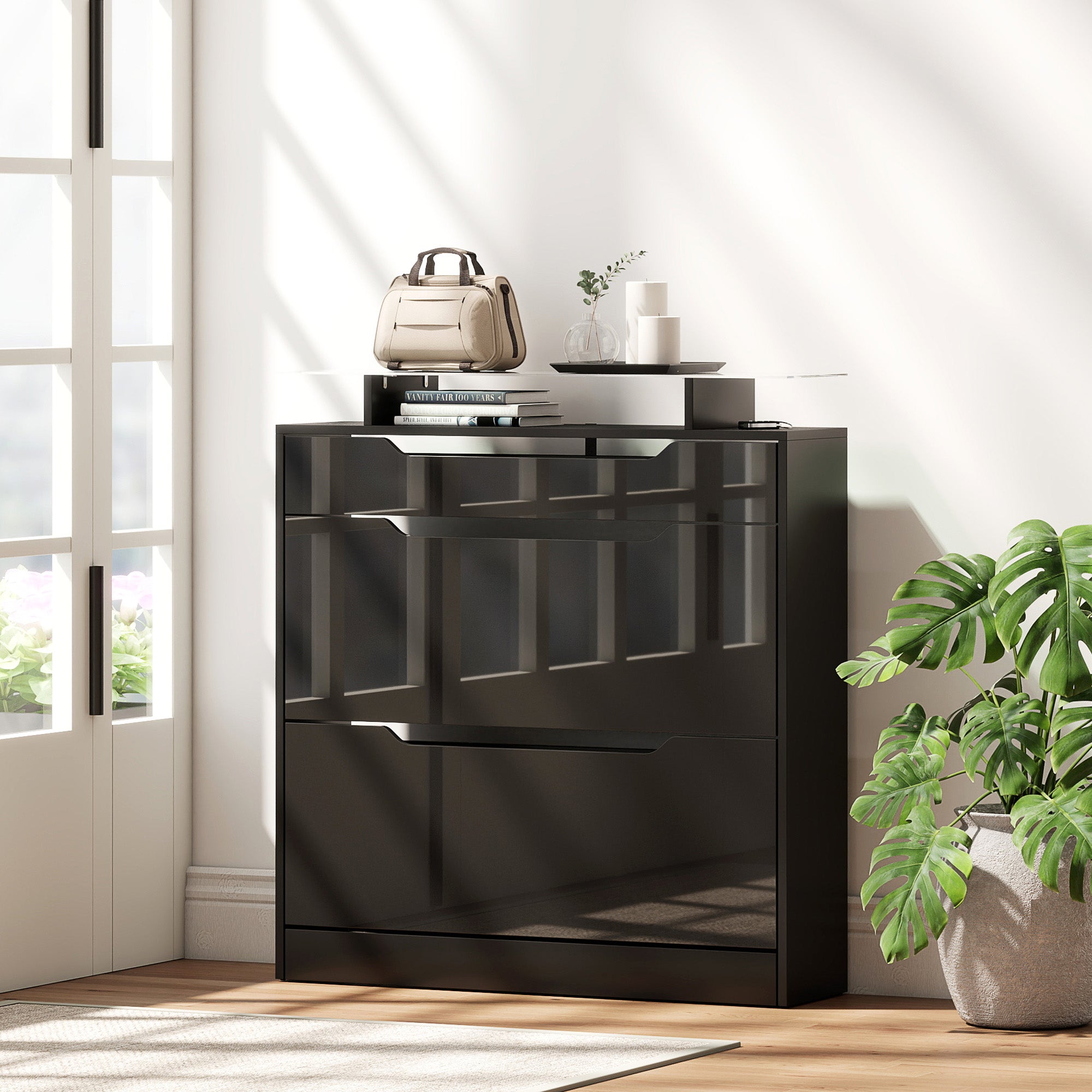 High Gloss Shoe Cabinet with 2 Flip Drawers and Adjustable Shelves, Narrow Shoe Storage Cabinet with Glass Top, White
