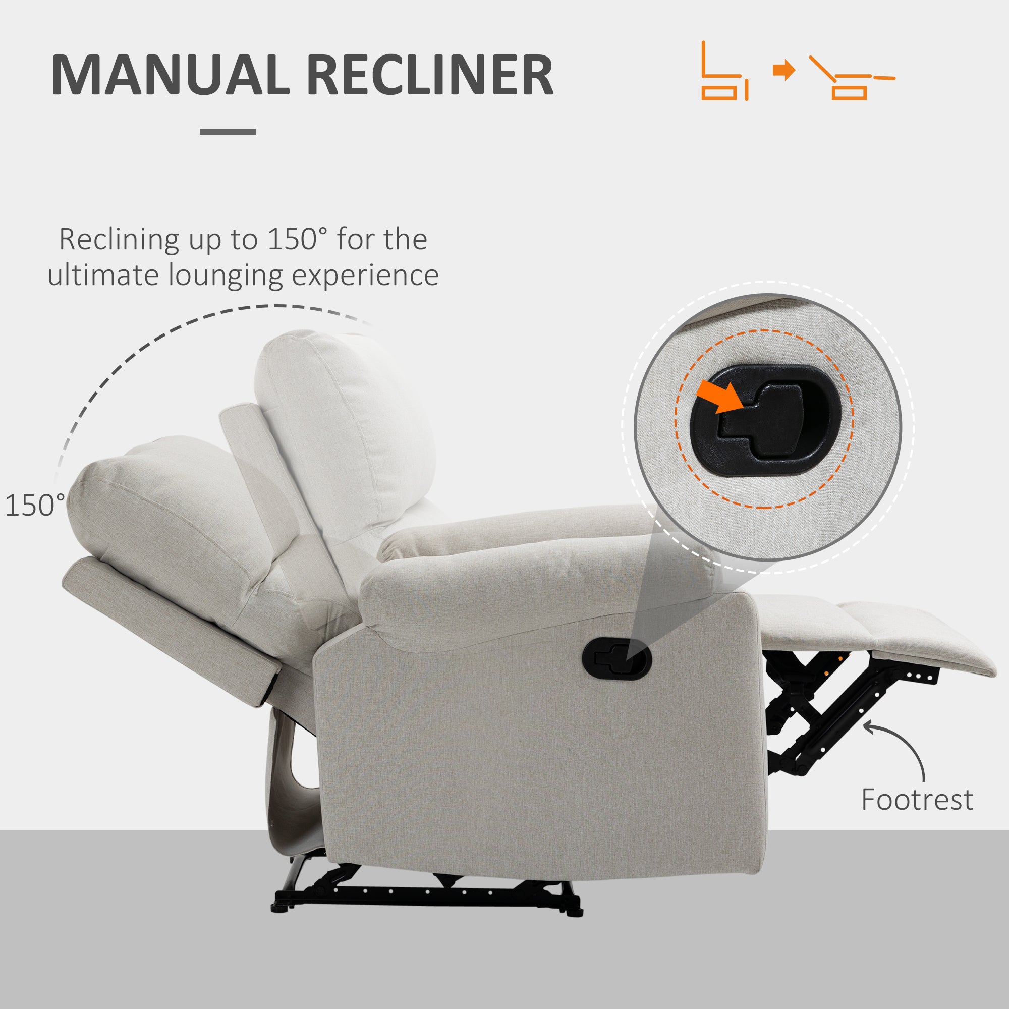 Recliner Chair, Manual Reclining Chair with Footrest, Padded Seat for Living Room, Bedroom, Study, Cream White