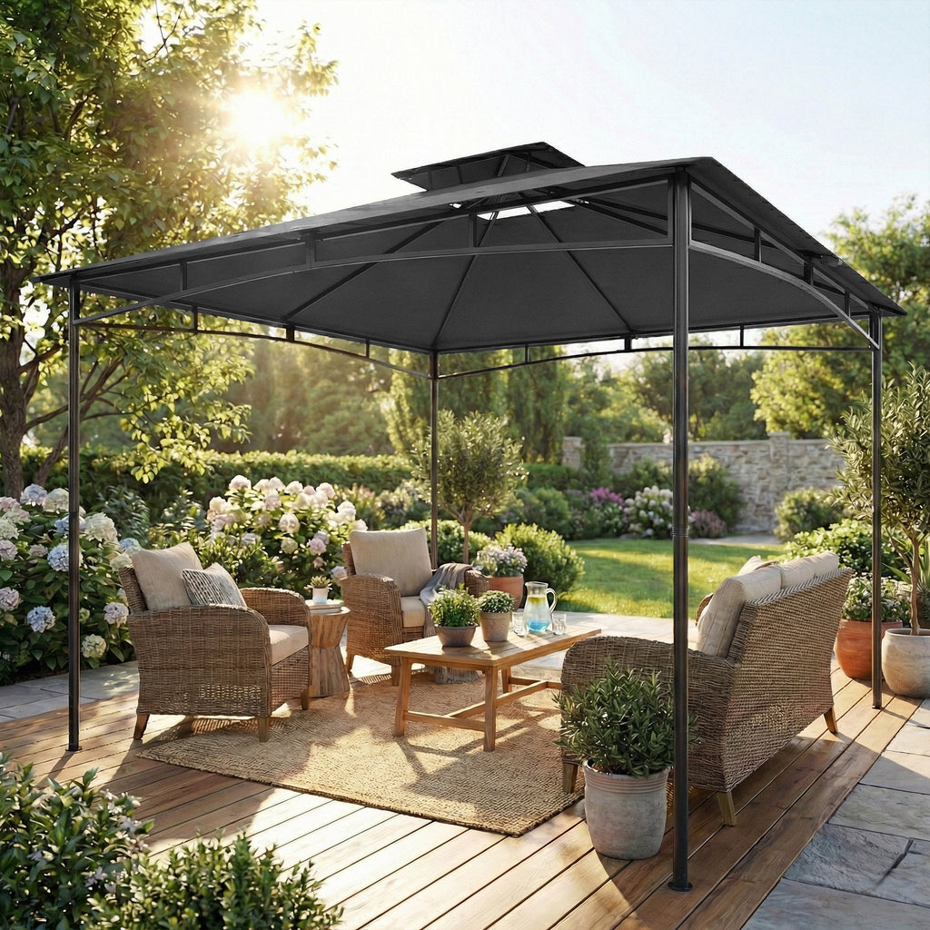 10' x 10' Gazebo, Soft Top Outdoor Gazebo with 2-Tier Roof, Metal Frame, Dark Grey