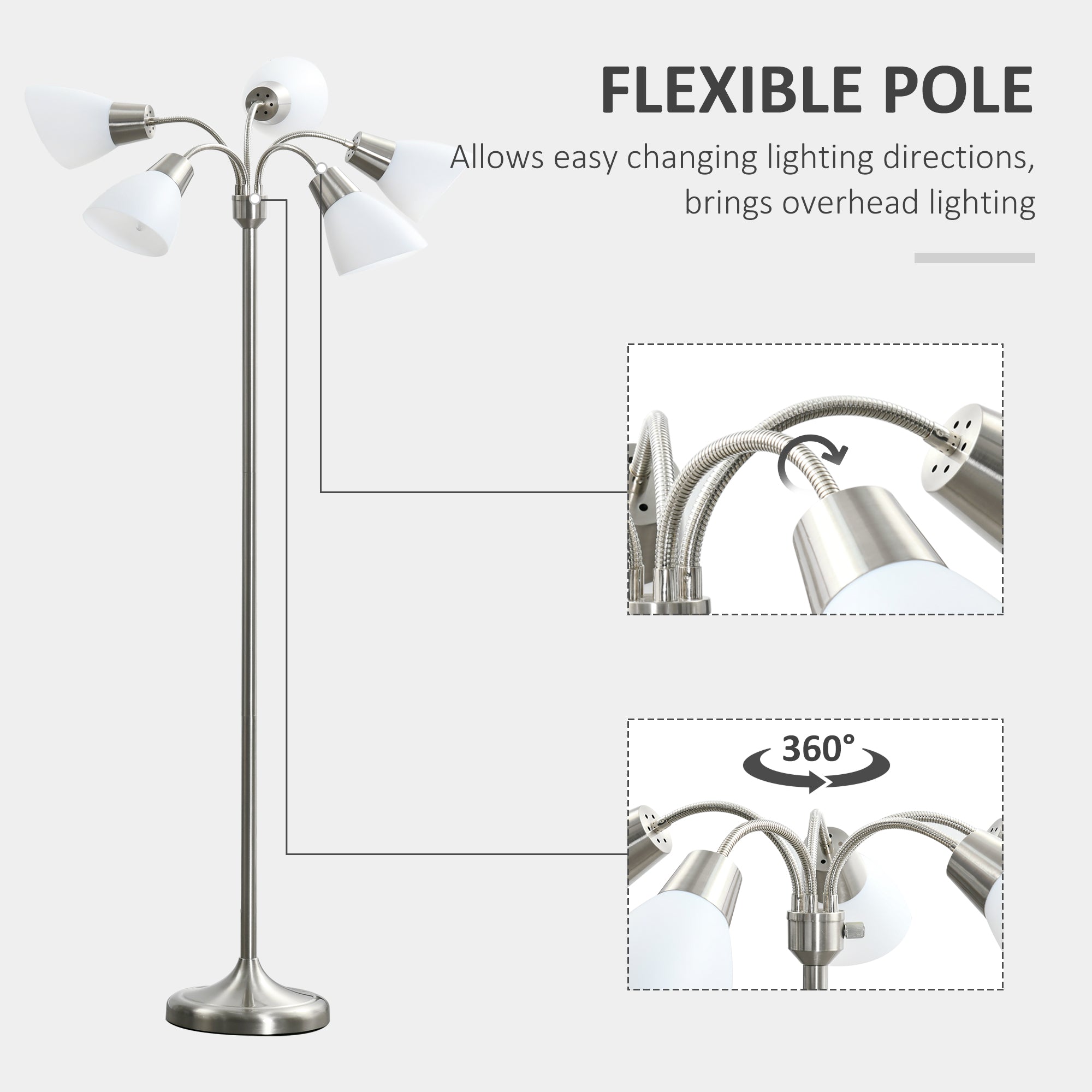 Arc Tree Floor Lamp with 5 Adjustable Rotating Lights, Modern Standing Gooseneck Reading Light for Living Room Bedroom Office, Satin Nickel