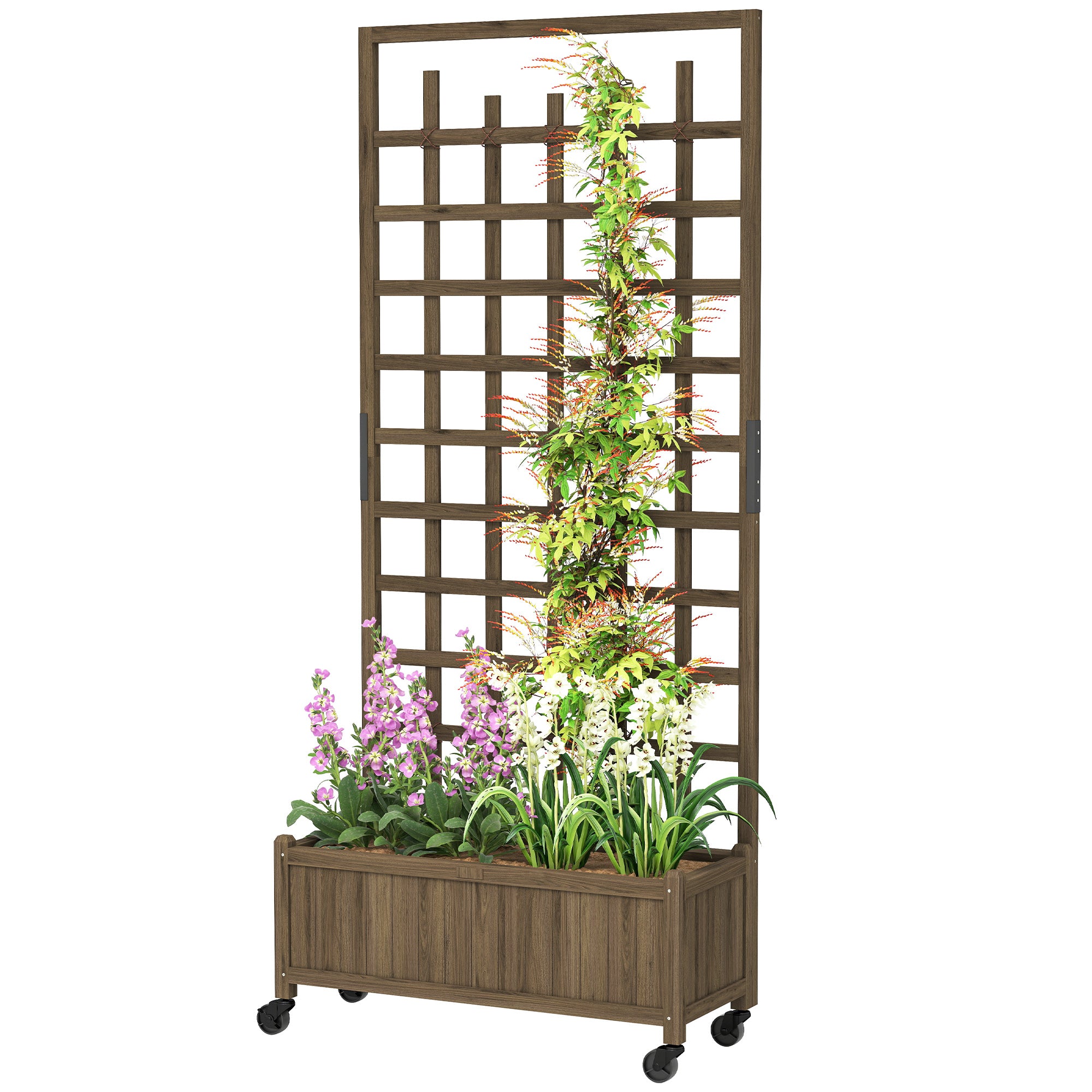 Wooden Planter with Trellis, Raised Garden Bed with Wheels, Drainage Holes for Climbing Plants, Flowers, Brown