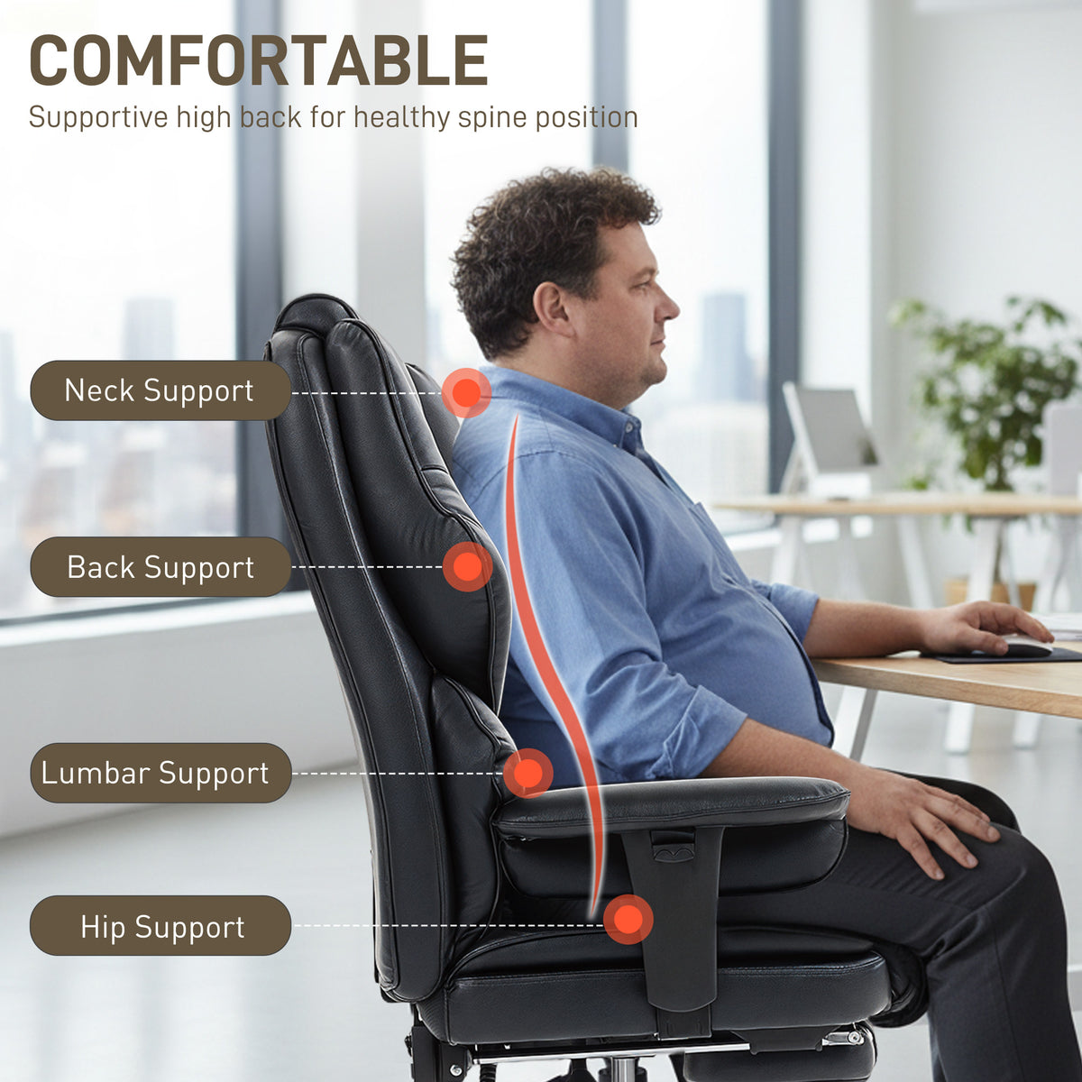 Big and Tall Office Chair, 400 lbs Overstuffed Desk Chair with Spring Cushion, Shaped Foam, PU Leather