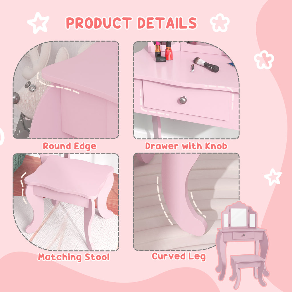 Qaba Kids Vanity Table and Stool, Makeup Vanity Girls Dressing Table Set with Tri-folding Mirrors Drawer Star and Heart Pattern, Pink