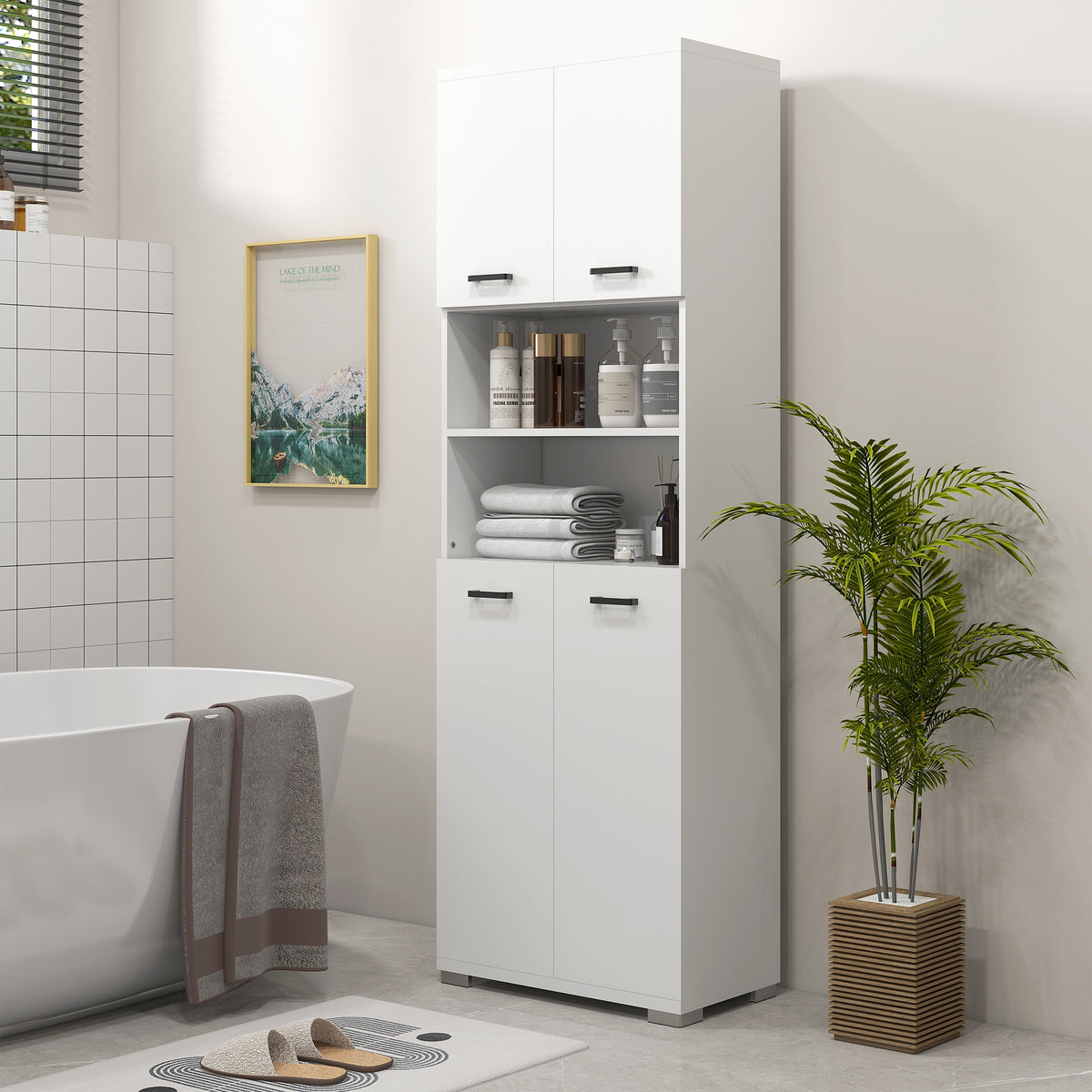 Bathroom Cabinet, Freestanding Linen Cabinet with Open Shelves and Cupboards, 23.6"x13.2"x72", White
